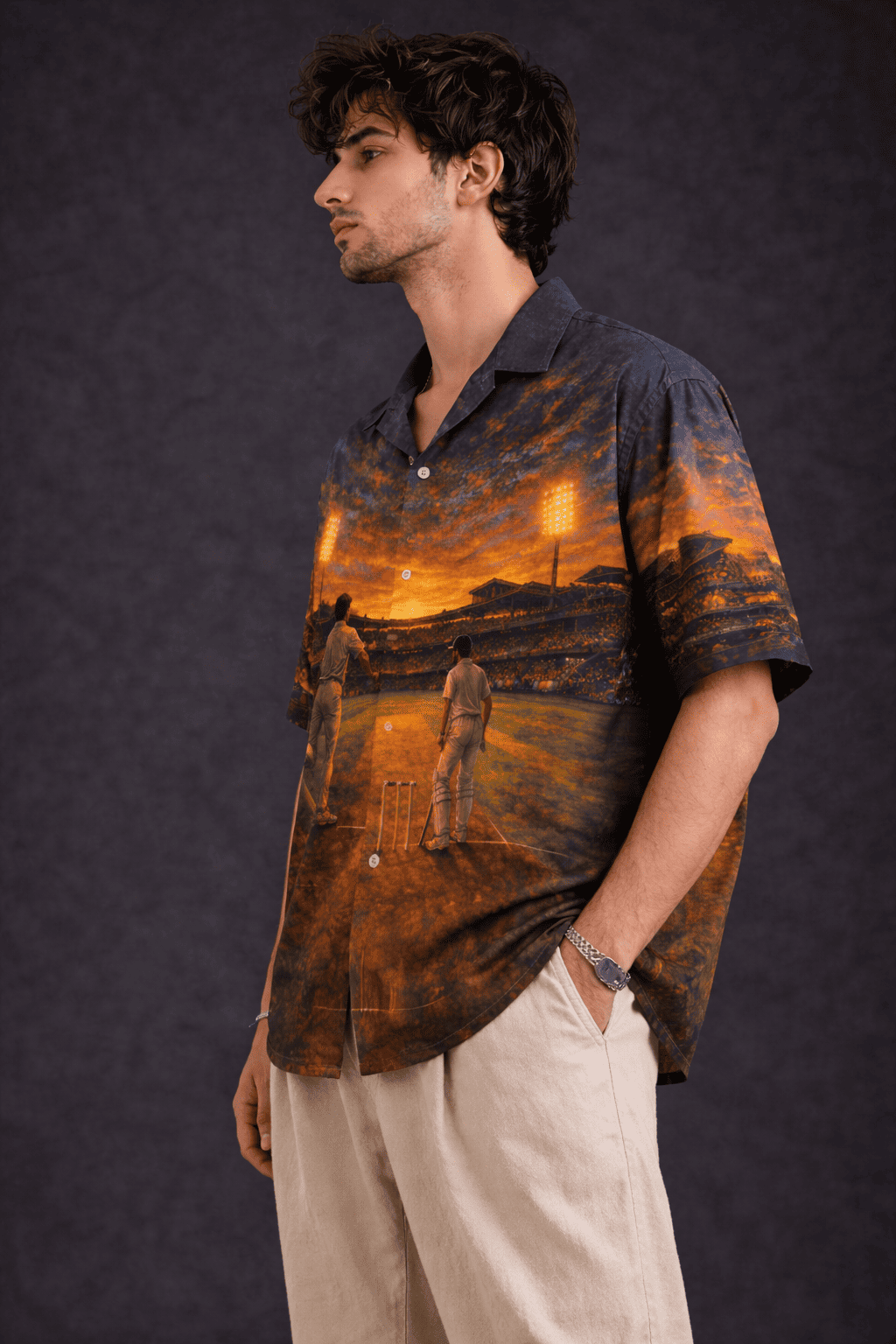 Model wearing "Last Over Men's Hawaiian Shirt" from The Edi Archive's Loudmouths collection - left close up view