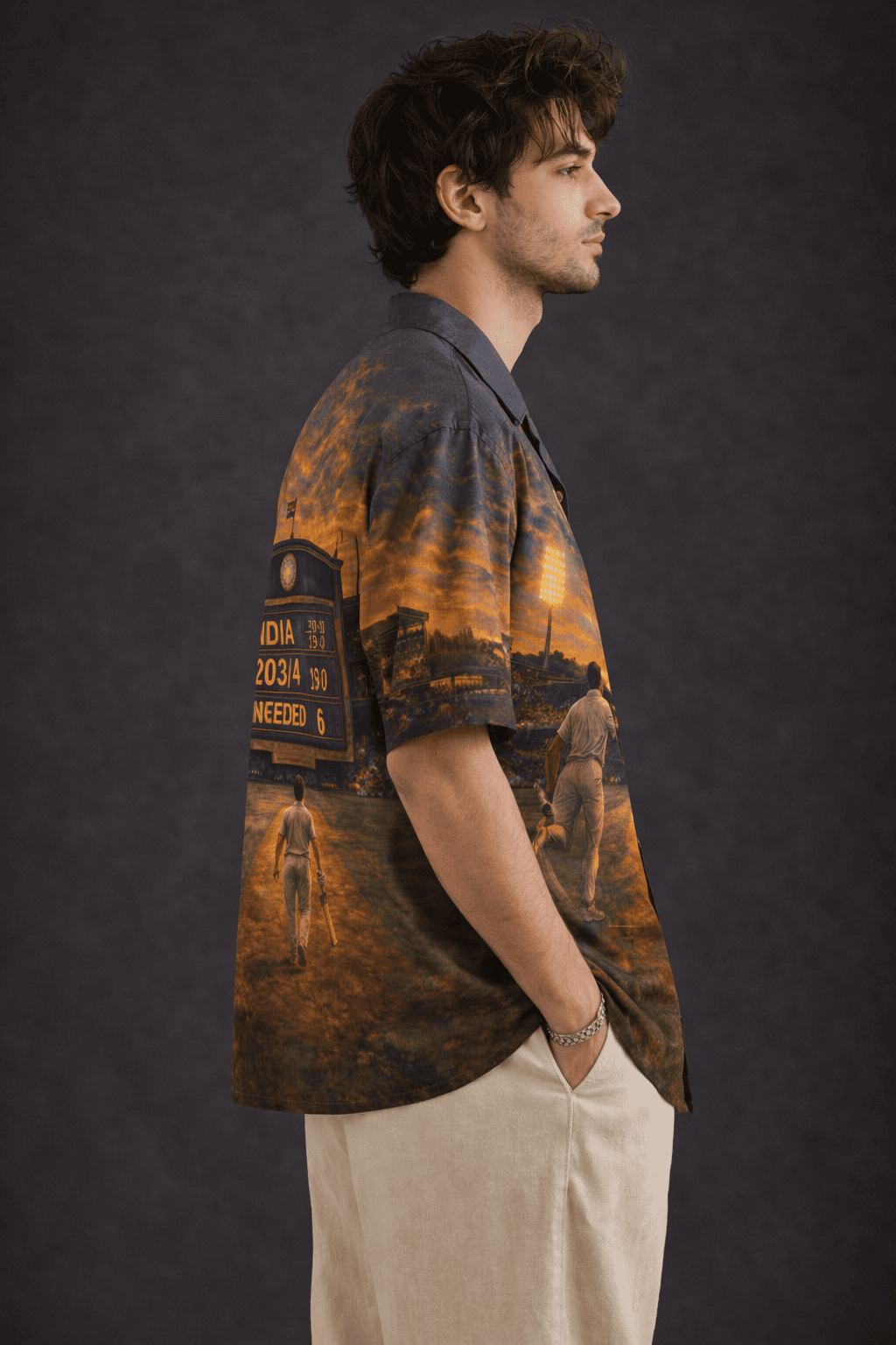 Model wearing "Last Over Men's Hawaiian Shirt" from The Edi Archive's Loudmouths collection - roght close up view