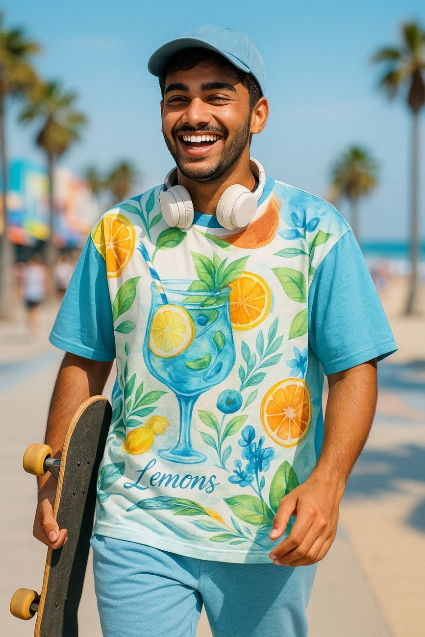 Man wearing a colorful t-shirt Lemon Rush Oversized T-Shirt from The Edi Archive, on a beach