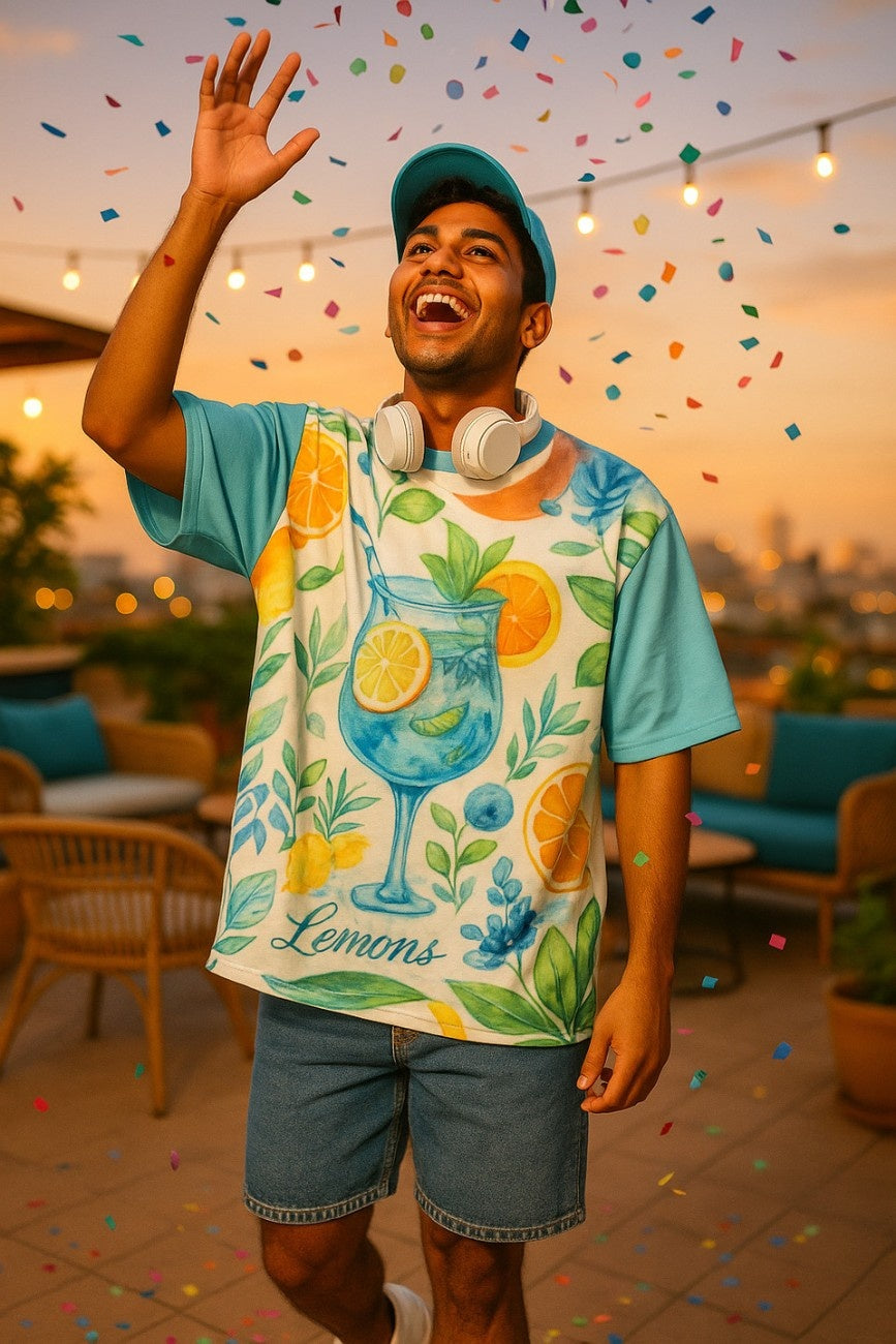 Man wearing a colorful t-shirt Lemon Rush Oversized T-Shirt from The Edi Archive,, surrounded by confetti in an outdoor setting.