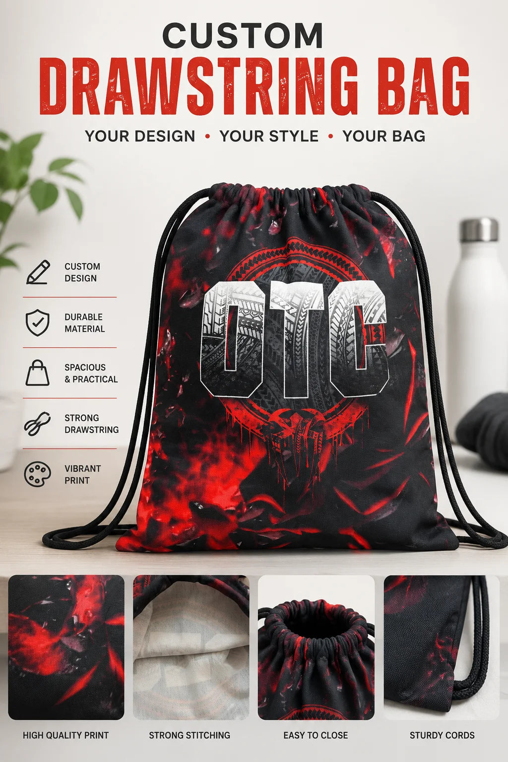 Custom Canvas Drawstring Bag for Laptop, Gym & Everyday Carry featuring a custom OTC all-over print design from the Custom Archive Collection by The Edi Archive.