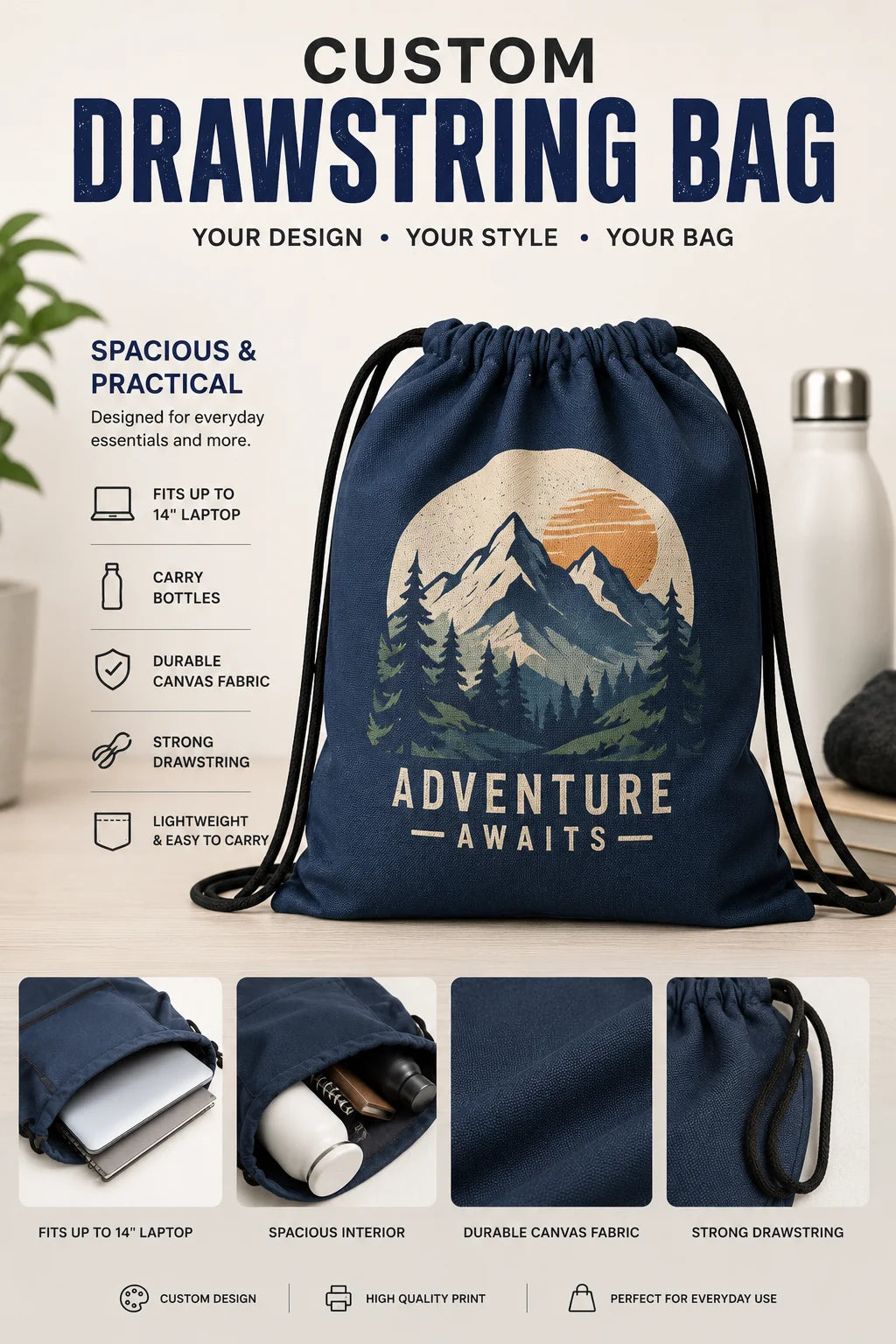 Custom Canvas Drawstring Bag for Laptop, Gym & Everyday Carry featuring an Adventure Awaits print from the Custom Archive Collection by The Edi Archive.