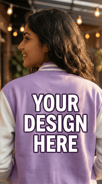 Person wearing a purple varsity jacket with 'Your Design Here' text on the back from the Custom Archive collection of The Edi Archive.