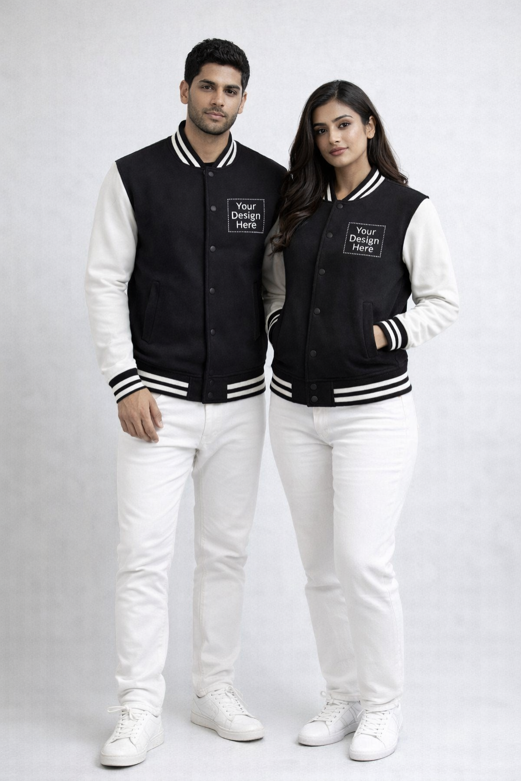 Two people wearing black and white varsity jackets with customizable text - full length view - from Custom Archive Collection by The Edi Archive