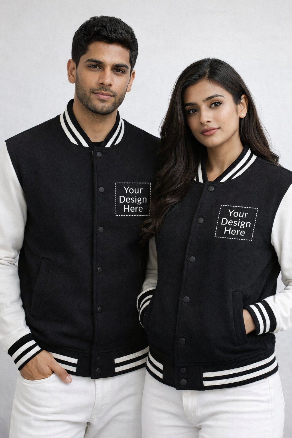 Two people wearing black and white varsity jackets with customizable text on a plain background from Custom Archive Collection by The Edi Archive