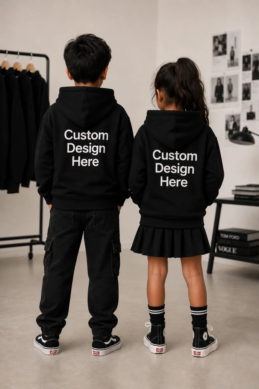 Back view of kids wearing the Wear Their Imagination Unisex Kids Hoodie from the Custom Archive Collection by The Edi Archive.
