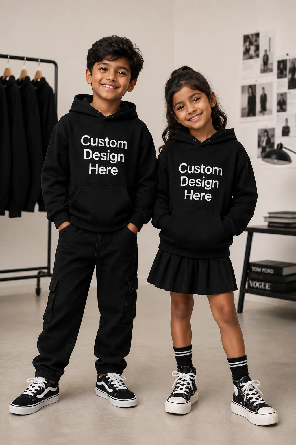 Boy and girl wearing the Wear Their Imagination Unisex Kids Hoodie from the Custom Archive Collection by The Edi Archive.