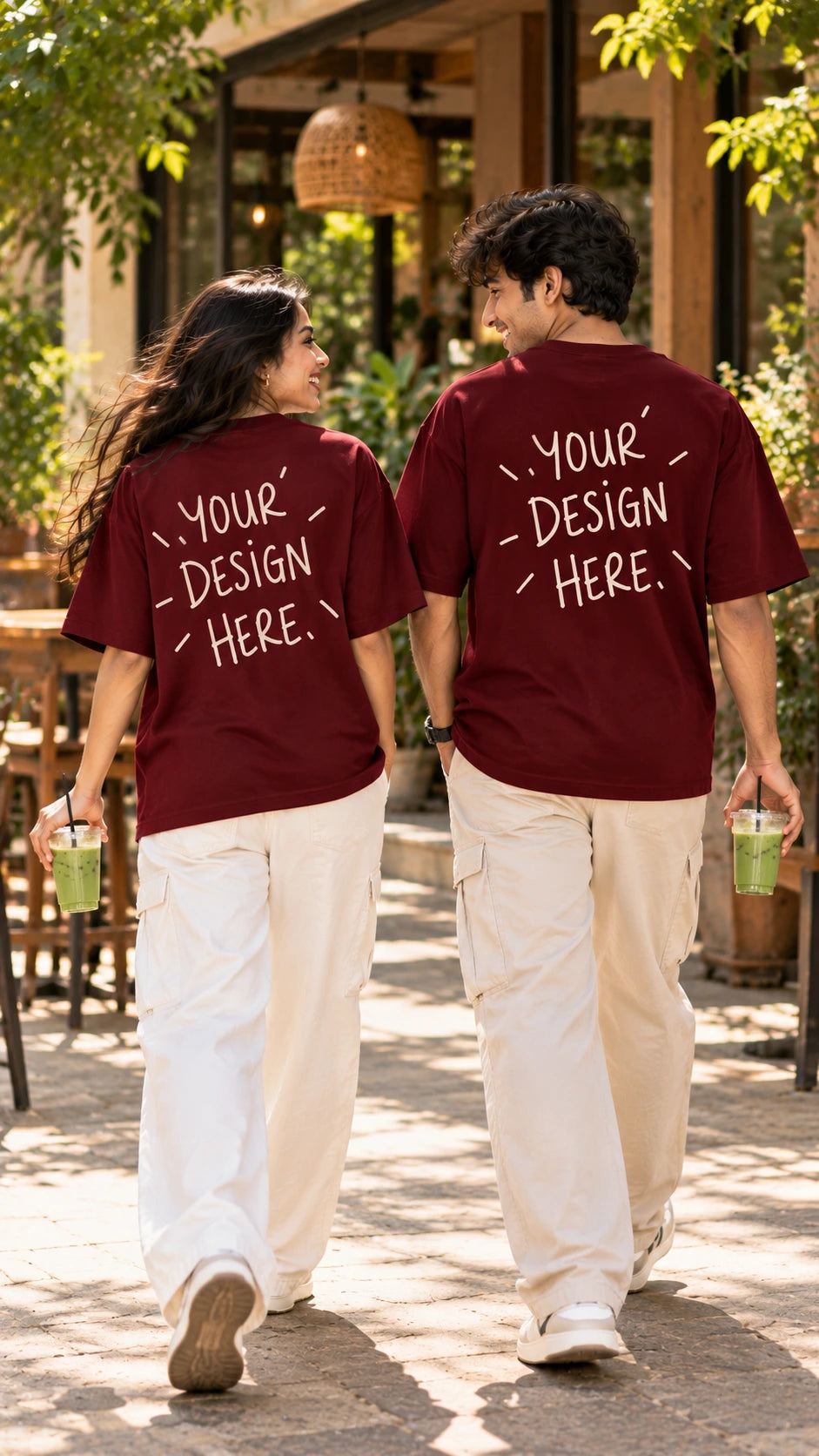 Back view of a maroon Make Your Own Unisex French Terry Cotton Oversized T-Shirt from The Edi Archive, featuring a customisable back design on a relaxed-fit tee.