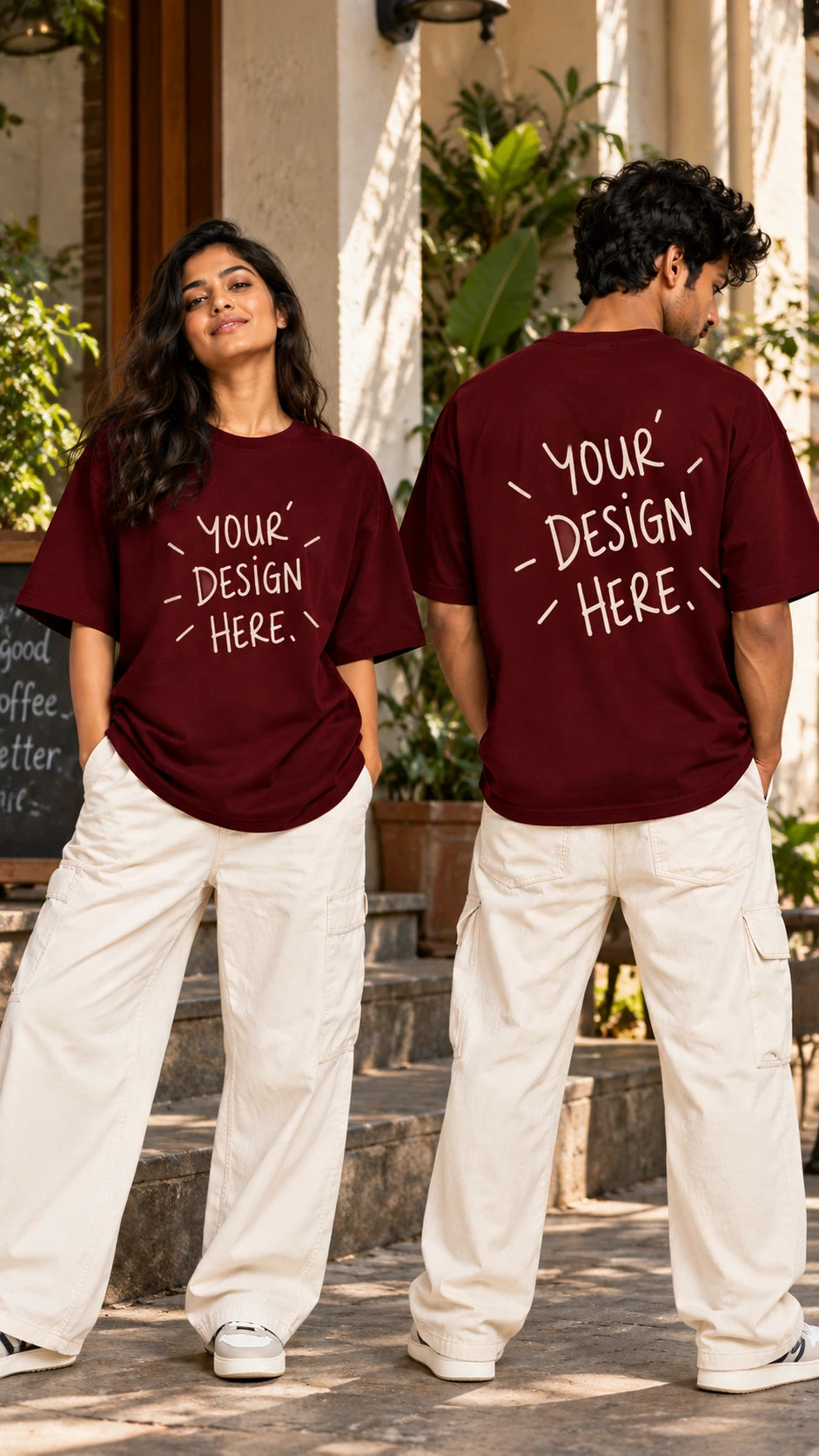 Front and back lifestyle view of the maroon Make Your Own Unisex French Terry Cotton Oversized T-Shirt from The Edi Archive, modelled by a man and woman in a casual outdoor setting with customisable prints.