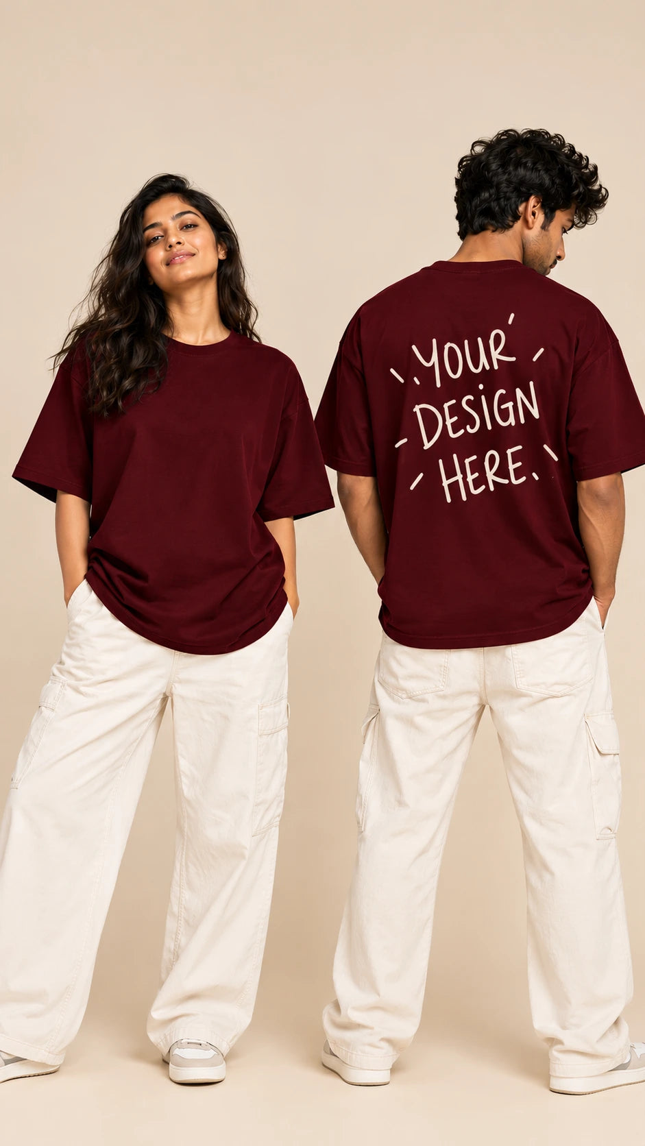 Front and back studio view of the maroon Make Your Own Unisex French Terry Cotton Oversized T-Shirt from The Edi Archive, showing a plain front and customisable graphic on the back.