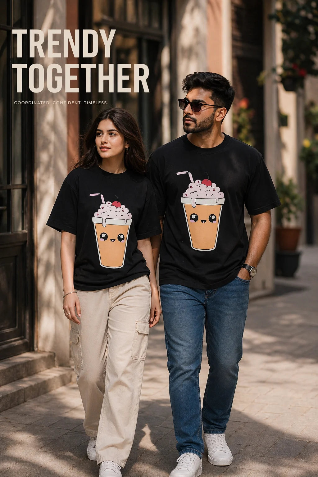 Milkshake Unisex Oversized T-Shirt by The Edi Archive, black graphic tee with puff print detail, streetwear couple styling from CTRL+ME collection