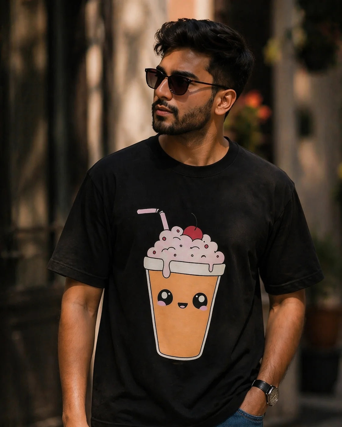 Milkshake Unisex Oversized T-Shirt by The Edi Archive, men’s black oversized graphic tee with puff print cherry detail from CTRL+ME collection