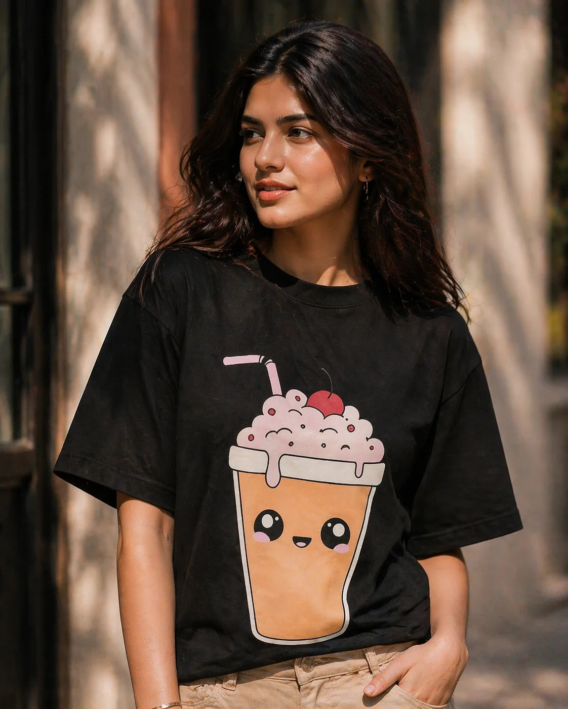 Milkshake Unisex Oversized T-Shirt by The Edi Archive, women’s black oversized graphic tee with puff print detail, relaxed streetwear from CTRL+ME collection