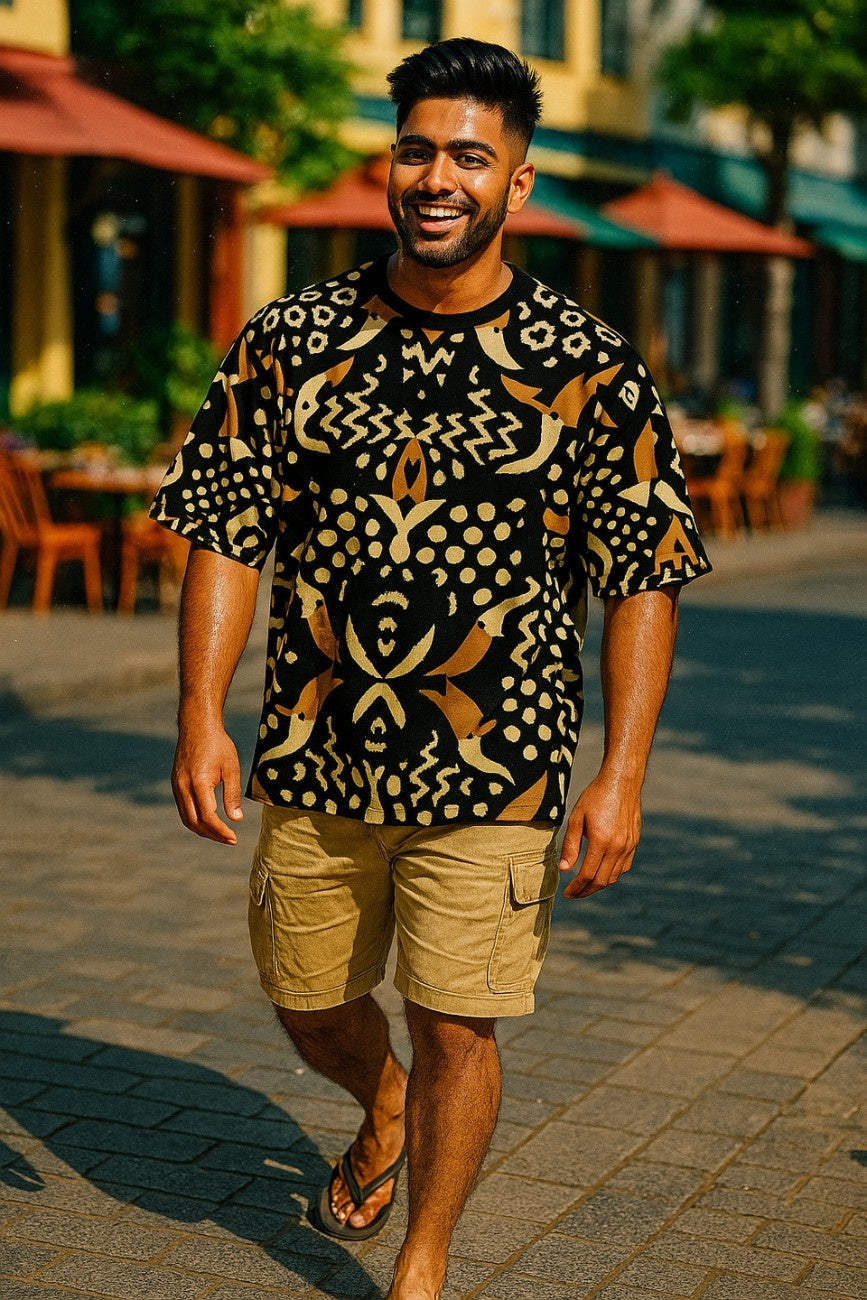 Man wearing a  Pelican Breeze Unisex Oversized T-Shirt from The Edi Archive, and shorts walking outdoors on a sunny day.