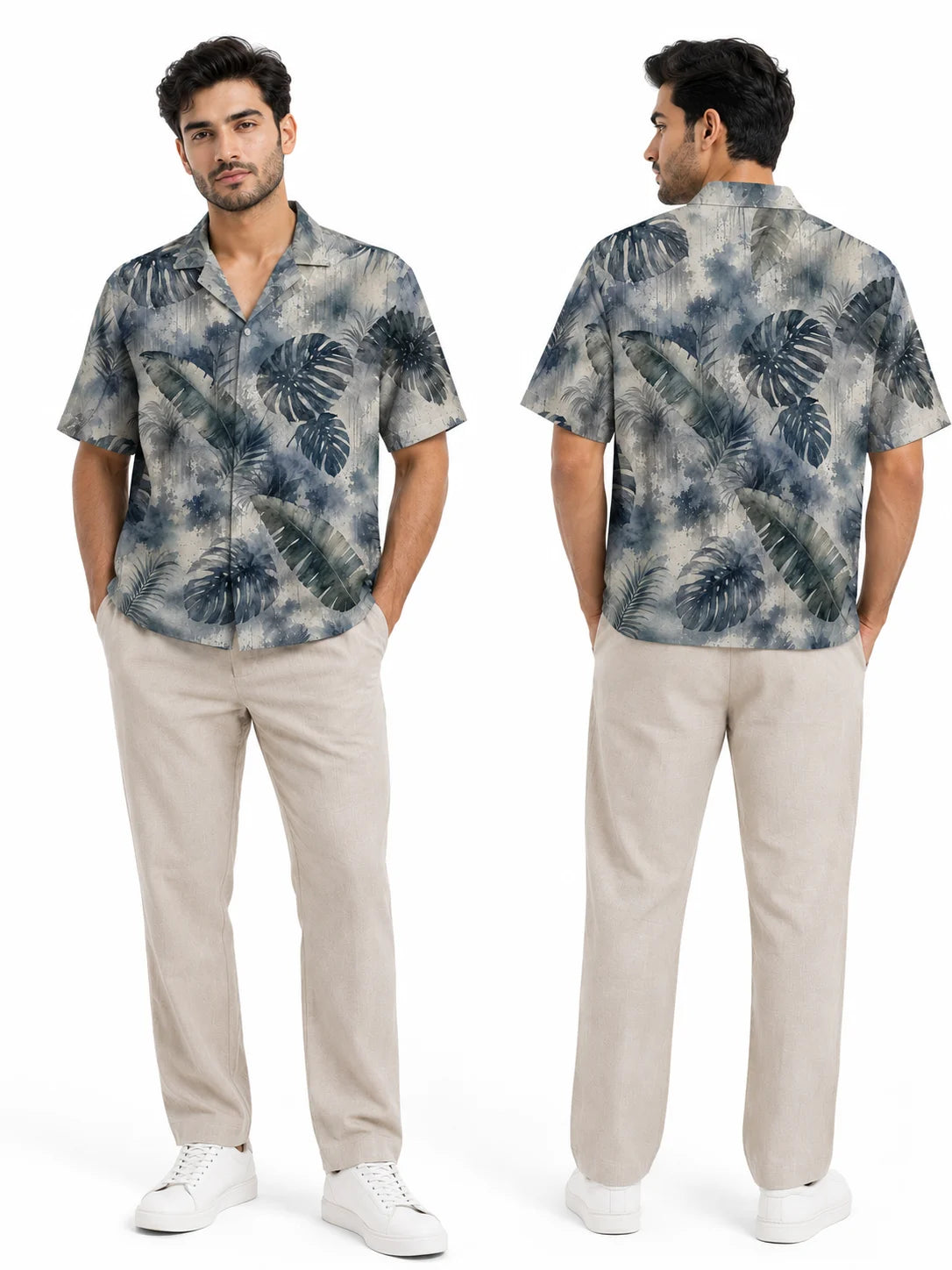 Petrichor oversized Hawaiian style camp collar shirt, front and back view of the full watercolour tropical print, The Tropical Drop collection by The Edi Archive