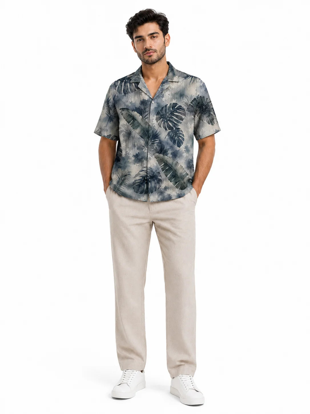 Petrichor watercolour tropical leaf print camp collar shirt in muted slate blue, grey and sage, front view, from The Tropical Drop collection by The Edi Archive
