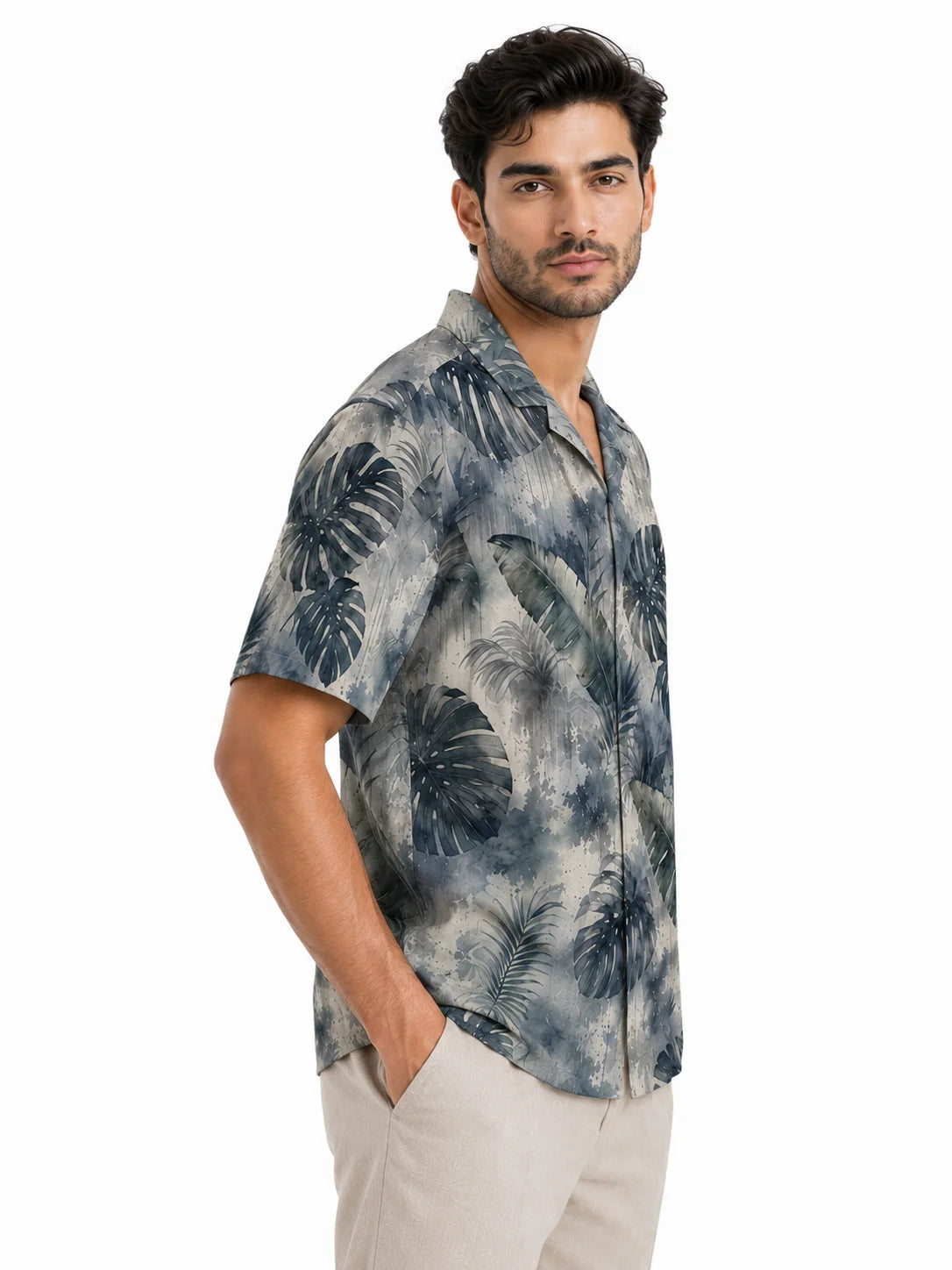 Petrichor men's resort shirt with misty watercolour tropical leaf print, right side view, The Tropical Drop collection by The Edi Archive