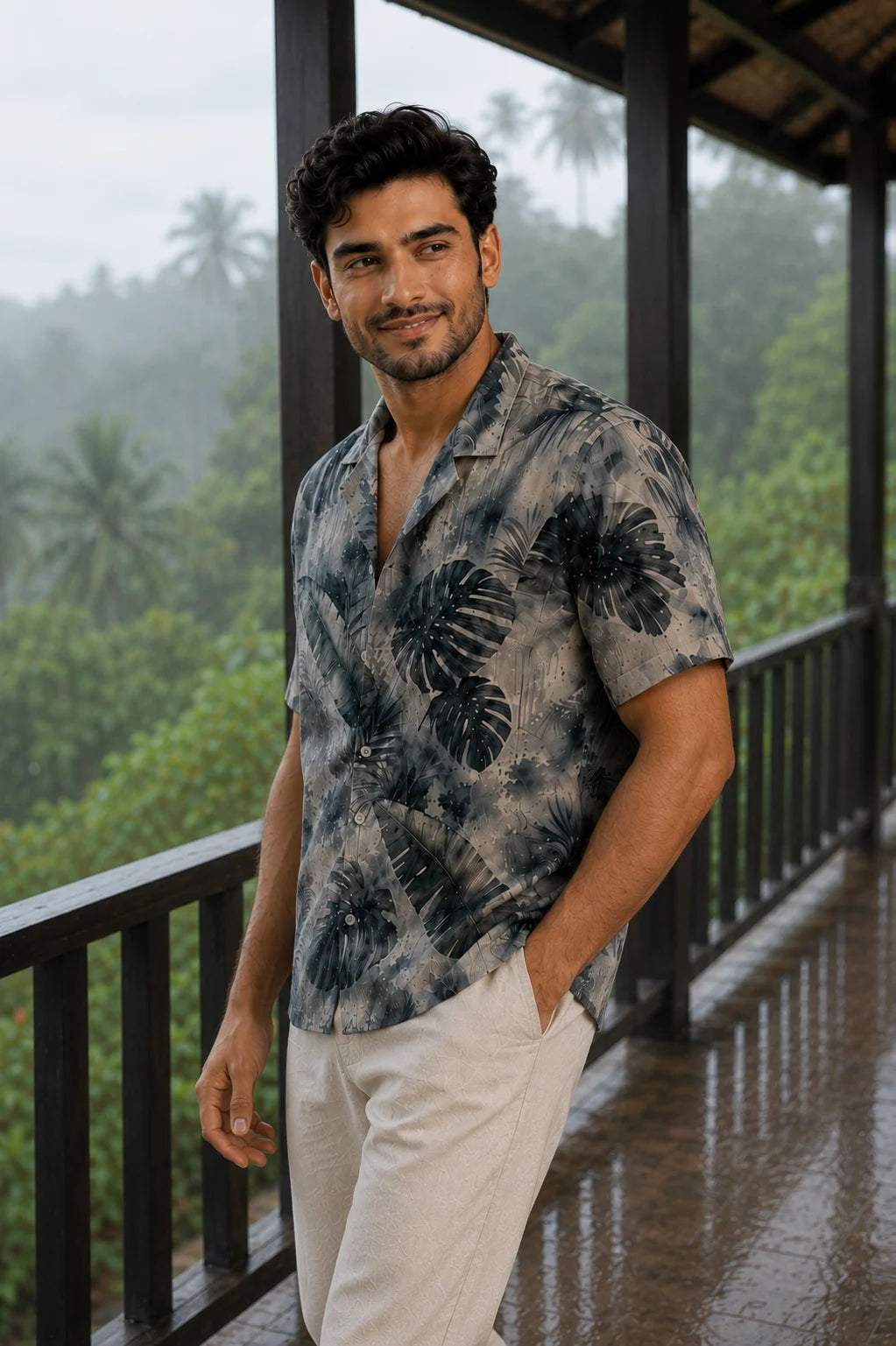 Petrichor watercolour tropical leaf print camp collar shirt in muted slate blue, grey and sage, close up view, from The Tropical Drop collection by The Edi Archive
