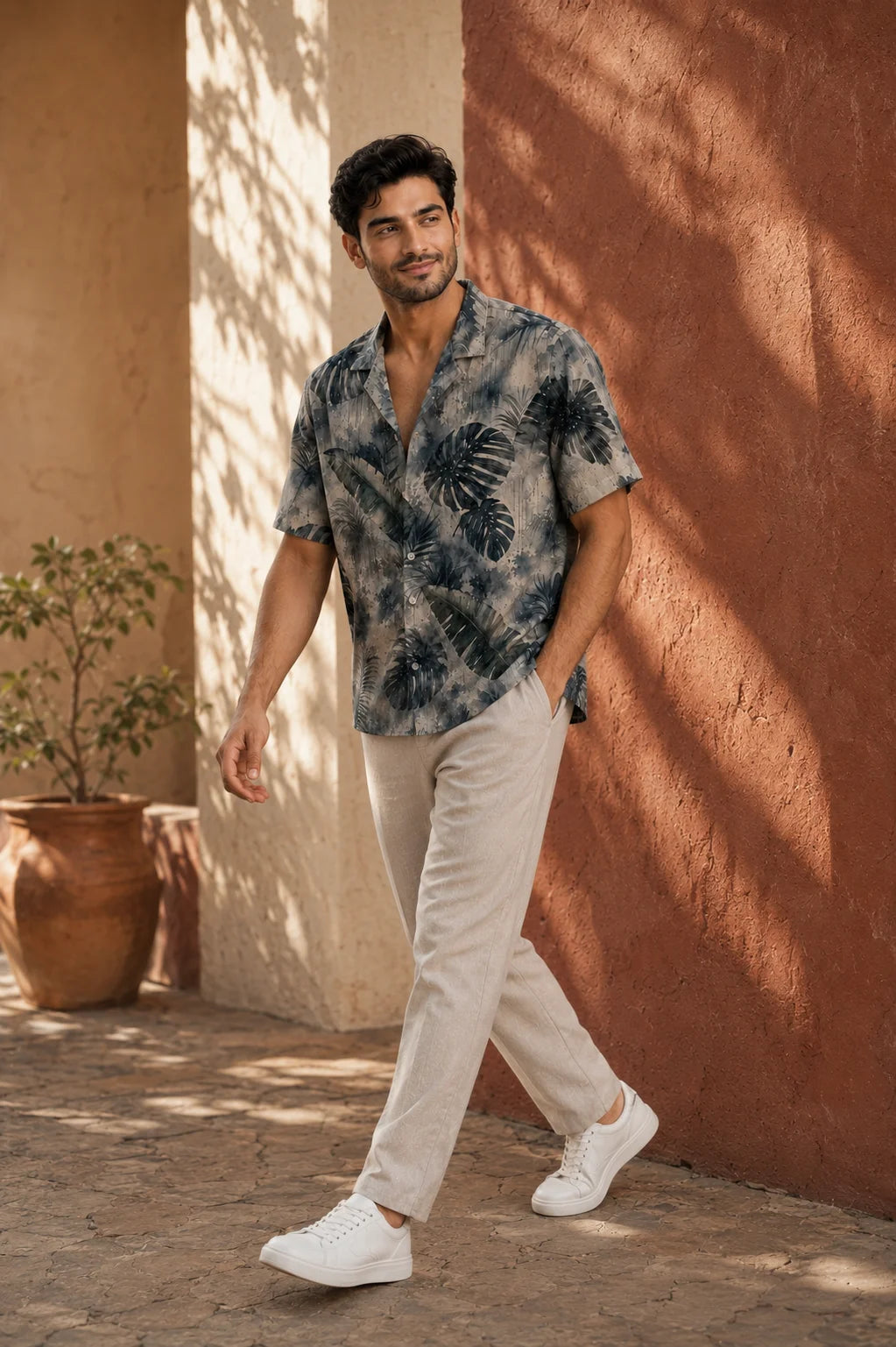 Petrichor watercolour tropical leaf print camp collar shirt in muted slate blue, grey and sage, front view, from The Tropical Drop collection by The Edi Archive
