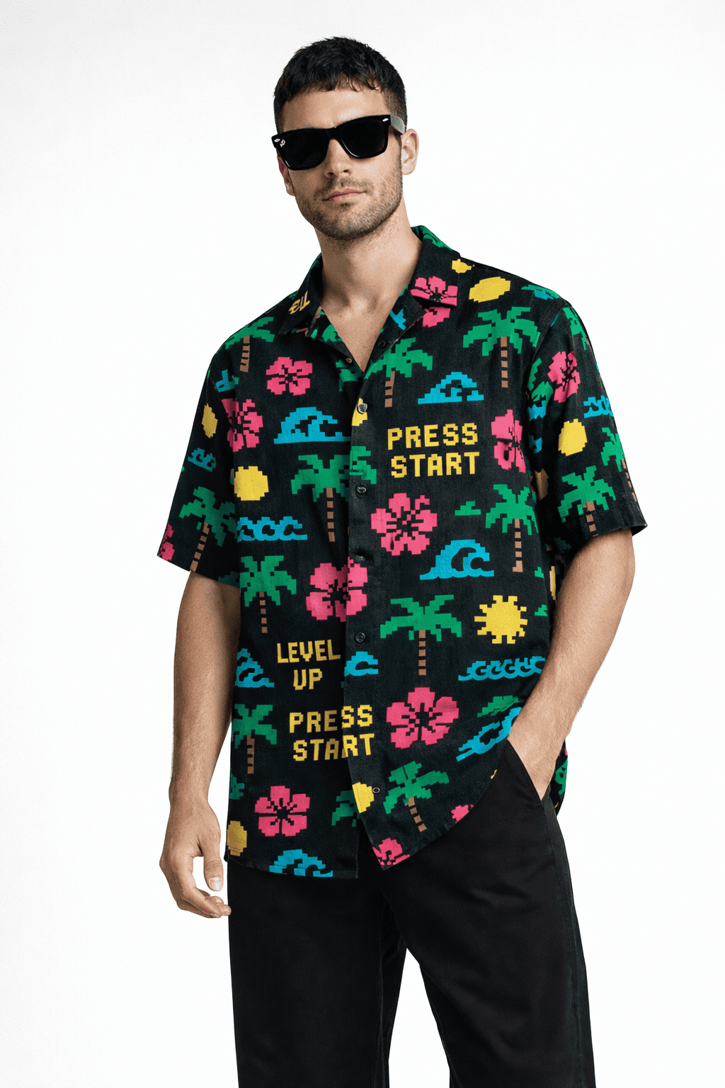 Model wearing Pixel Paradise Men's Hawaiian Oversized Shirt from The Edi Archive's Loudmouth Collection
