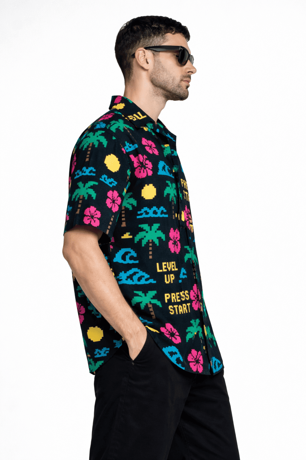 Model wearing Pixel Paradise Men's Hawaiian Oversized Shirt from The Edi Archive's Loudmouth Collection - Right Sleeve Detail