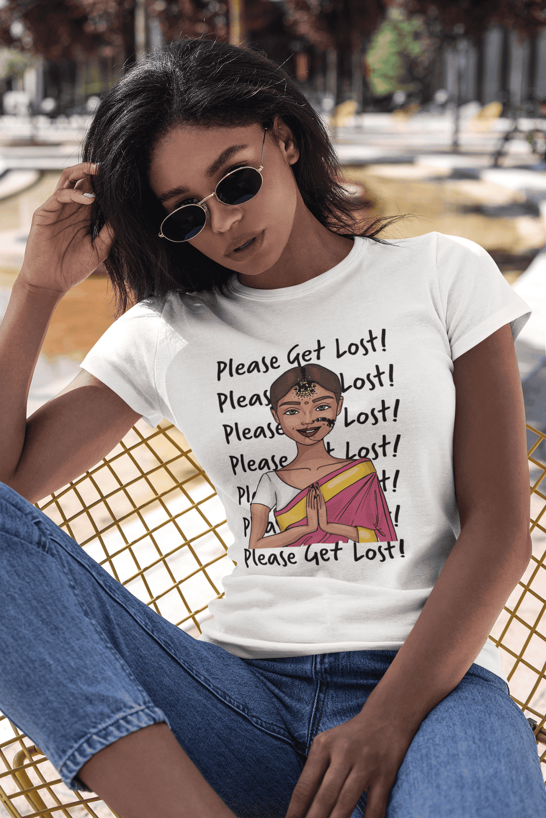 Woman wearing 'Please Get Lost Women's T-Shirt' From The Edi Archive - Ctrl+Me Collection