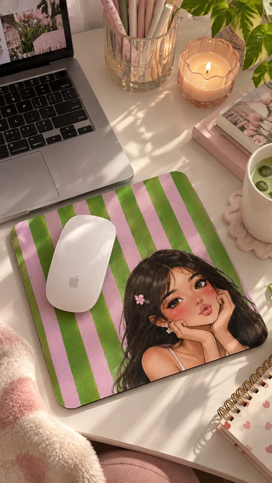 Pretty Please Mouse Pad by The Edi Archive from The Side Quest collection, featuring green and pink stripes with a cute illustrated girl design on a styled desk