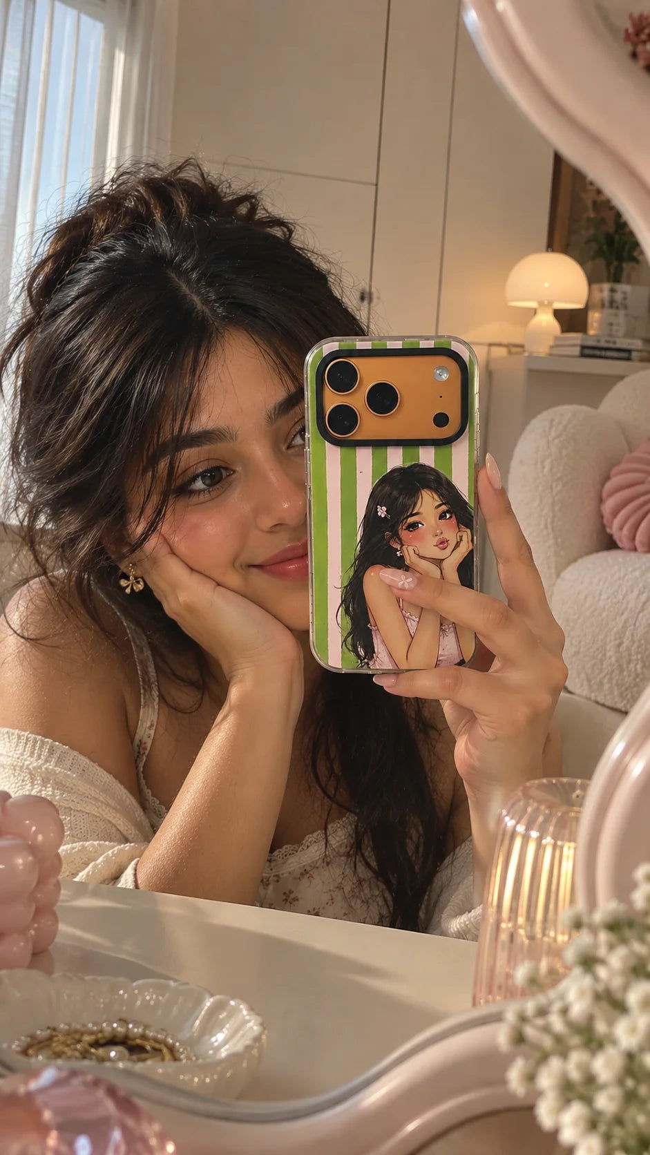 Pretty Please Hard Clear iPhone Case by The Edi Archive from The Side Quest collection, featuring a green and pink striped design with a cute illustrated girl, held by a woman in a bedroom mirror selfie