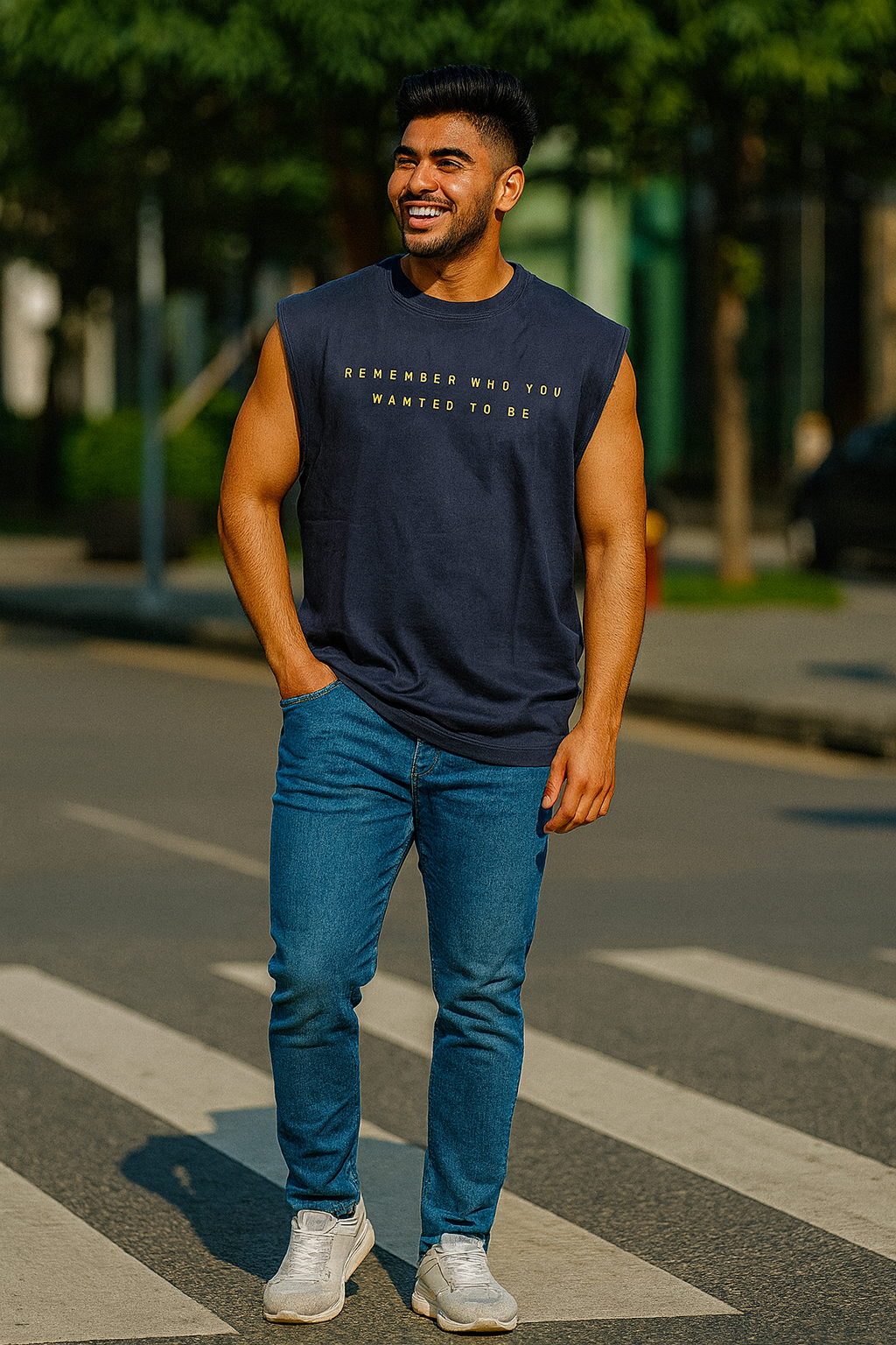 Remember Who You Wanted To Be Navy Unisex Oversized Tank Top full body shot model on pedestrian crossing styled with blue jeans and white sneakers The Edi Archive