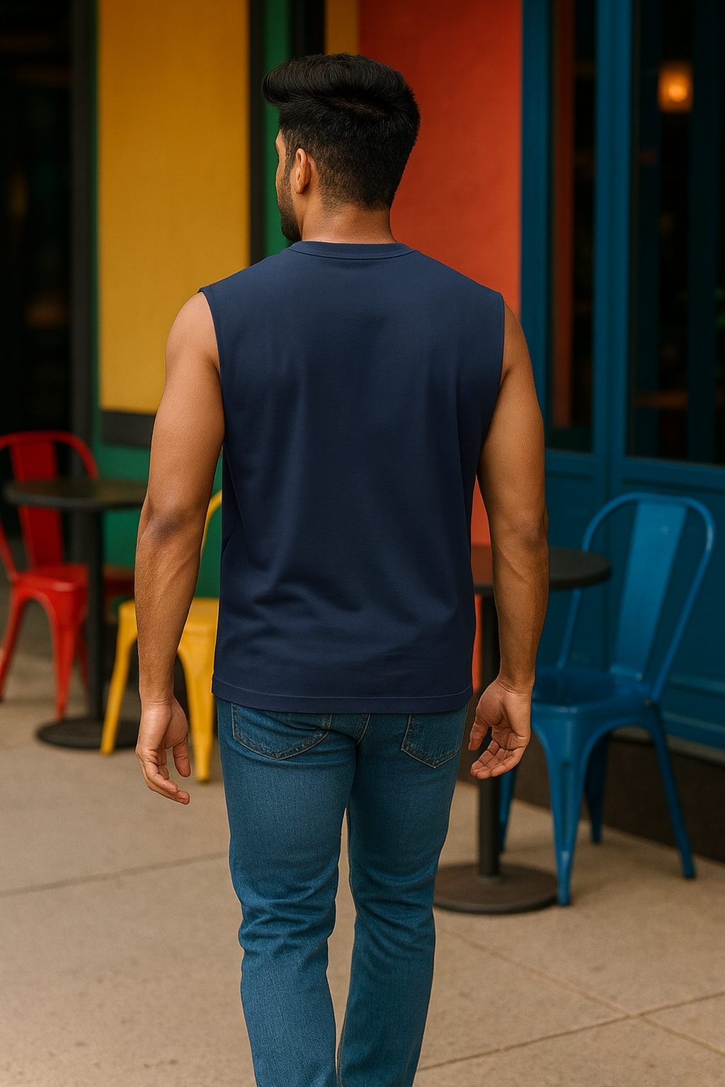 Remember Who You Wanted To Be Navy Unisex Oversized Tank Top back view clean minimal design drop shoulder fit styled with blue jeans The Edi Archive CTRL+Me Collection