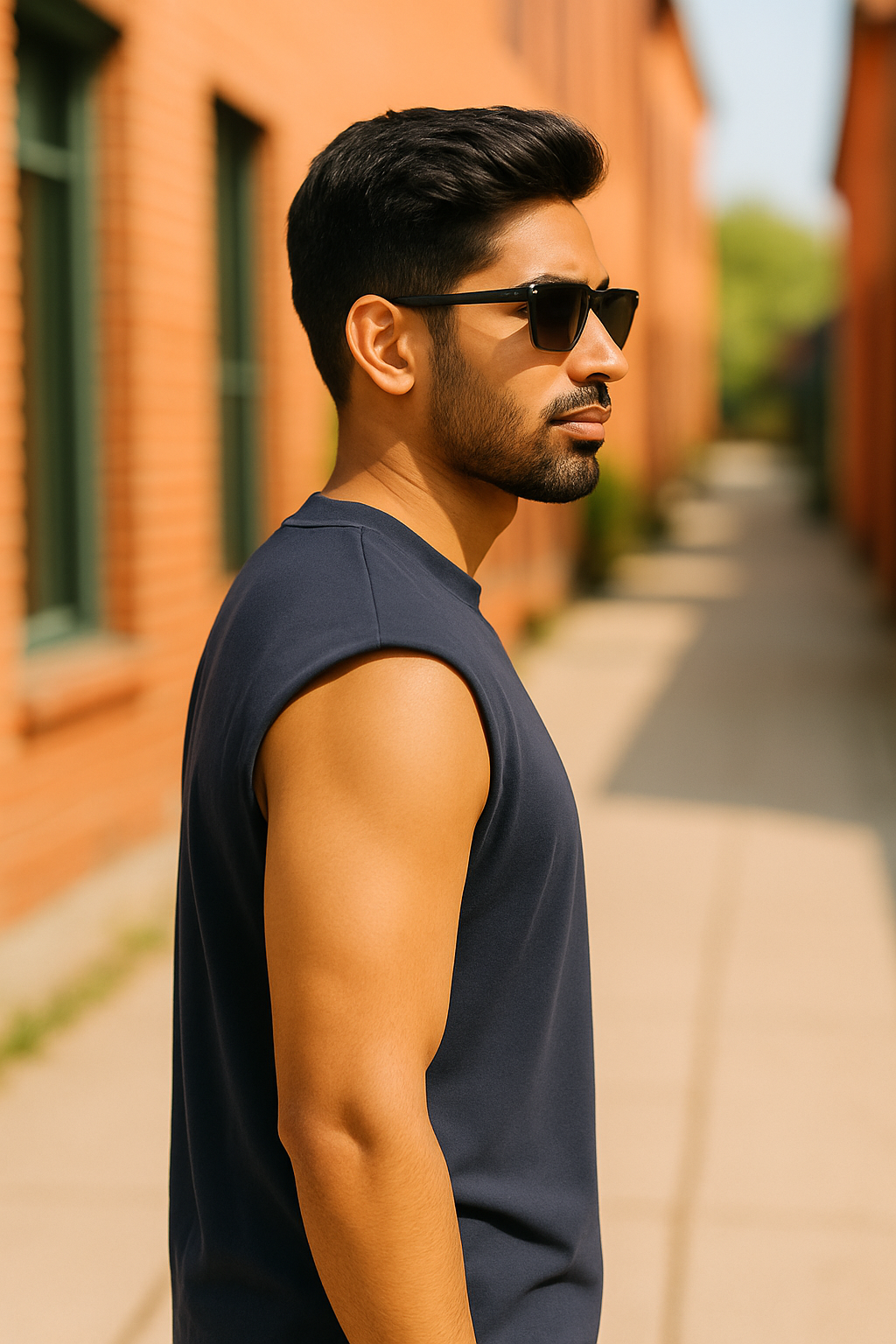 Remember Who You Wanted To Be Navy Oversized Tank Top side profile view model wearing sunglasses drop shoulder fit premium french terry cotton The Edi Archive
