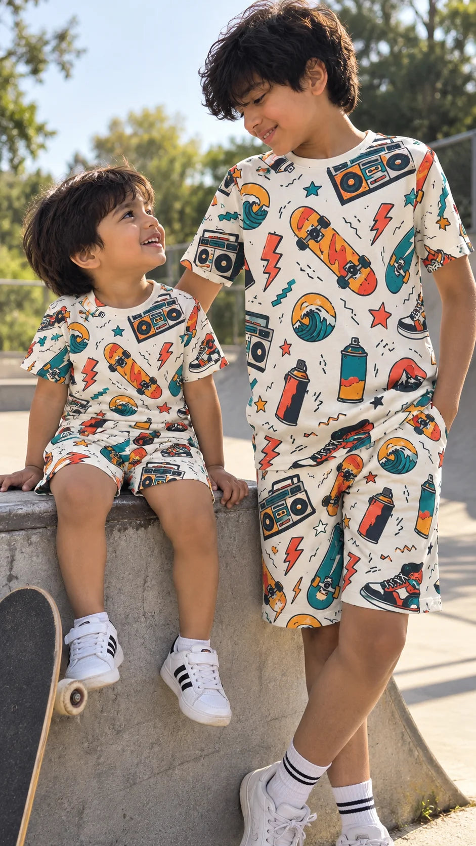 Two boys wearing The Edi Archive Retro Skates kids T-shirt and sports shorts co-ord set at a skate park, showcasing the matching colourful street-inspired print