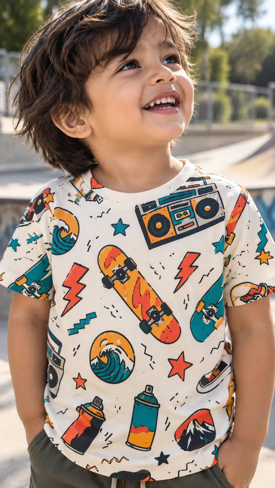 The Edi Archive Retro Skates kids T-shirt close-up on a child, showing the colourful skateboard, boombox, wave, lightning and sneaker print