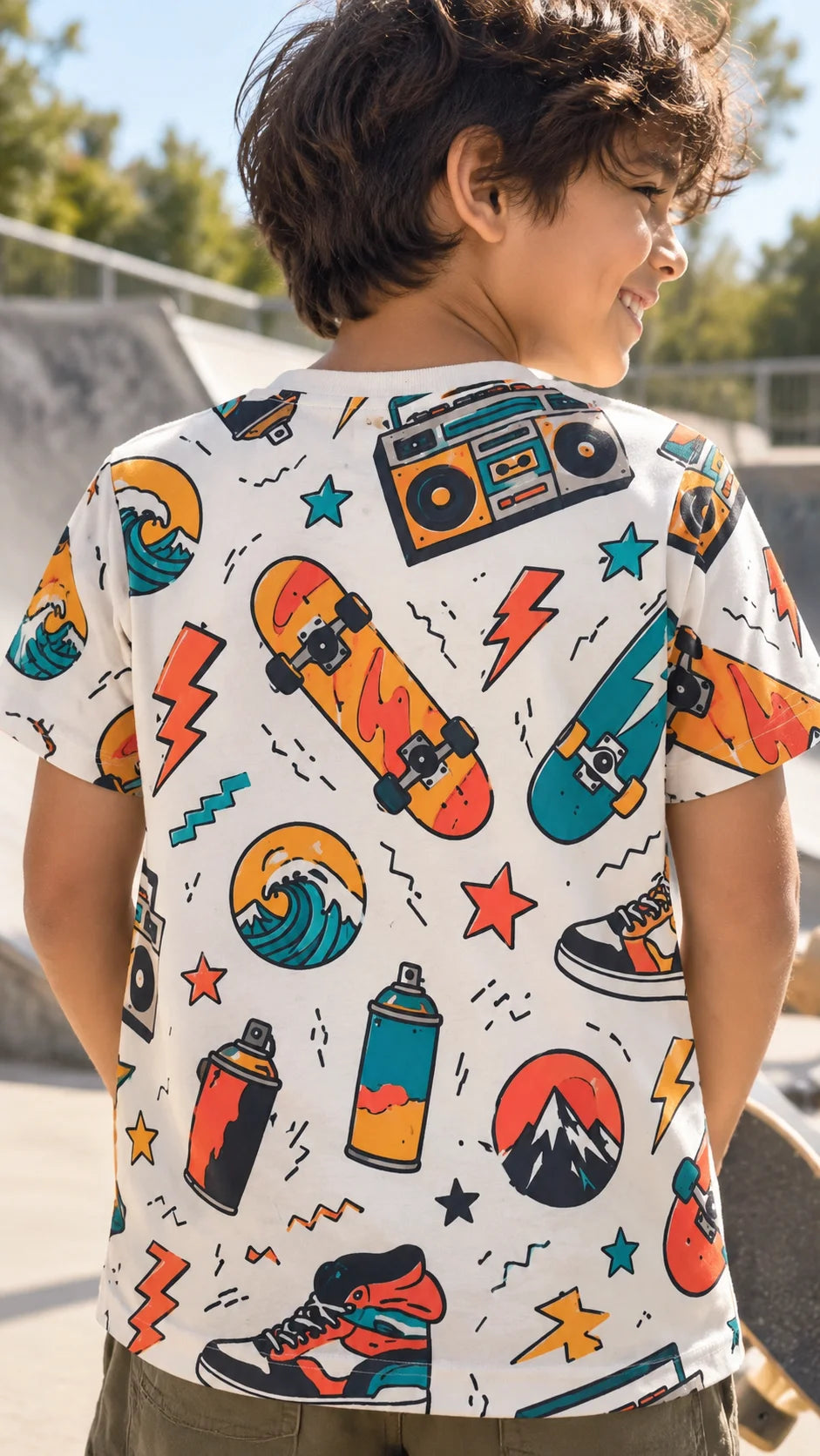 Back view of The Edi Archive Retro Skates kids T-shirt showing the full colourful skateboards, boomboxes, sneakers, spray cans and street-art inspired print