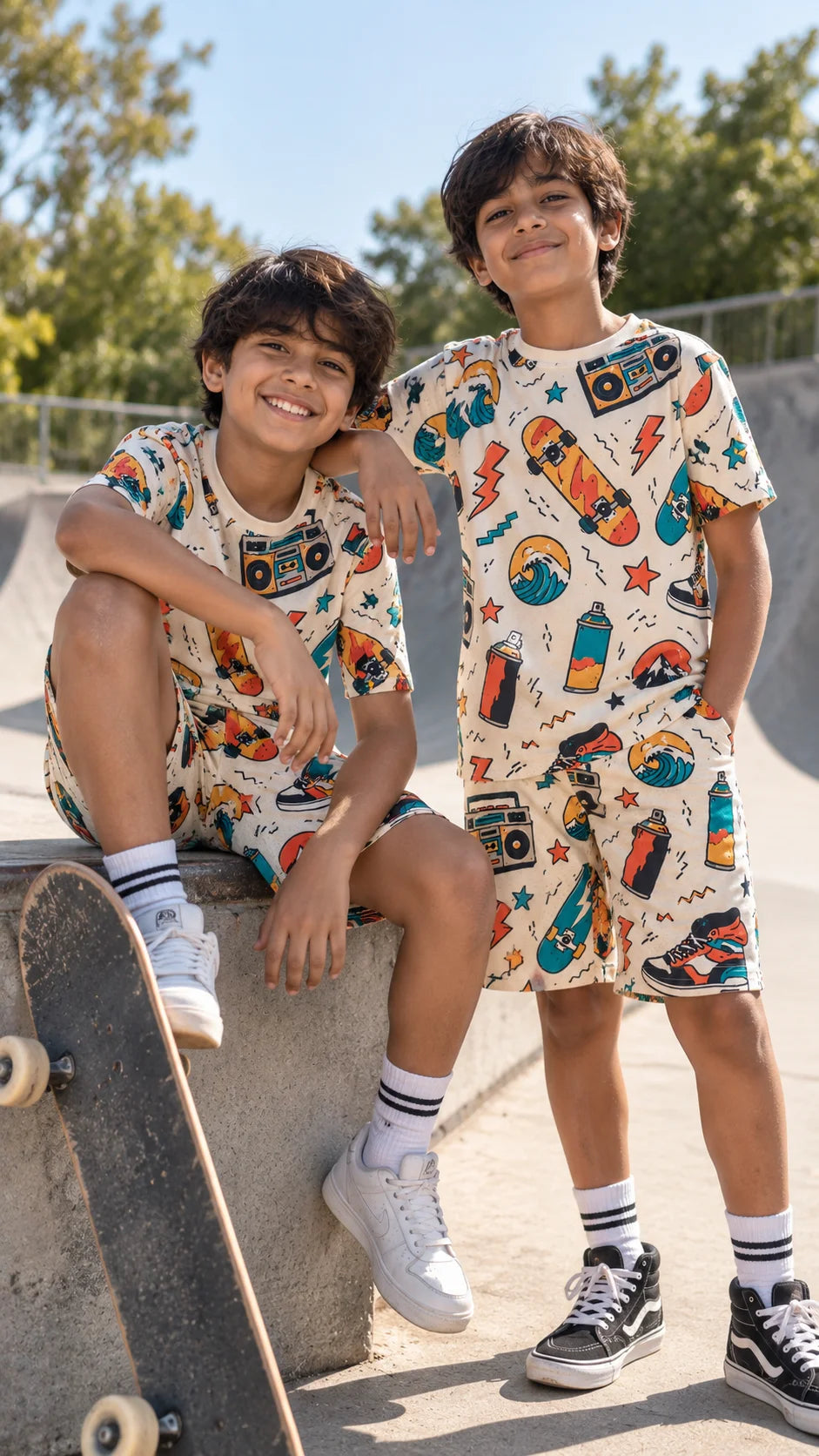 The Edi Archive Retro Skates kids T-shirt and sports shorts co-ord set worn by two boys at a skate park, featuring colourful skateboards, boomboxes, sneakers and street-inspired graphics