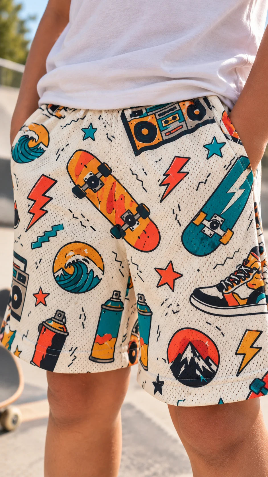 Close-up of The Edi Archive Retro Skates kids sports shorts showing the matching skateboard, boombox, wave, sneaker, spray can and lightning graphics on lightweight mesh fabric
