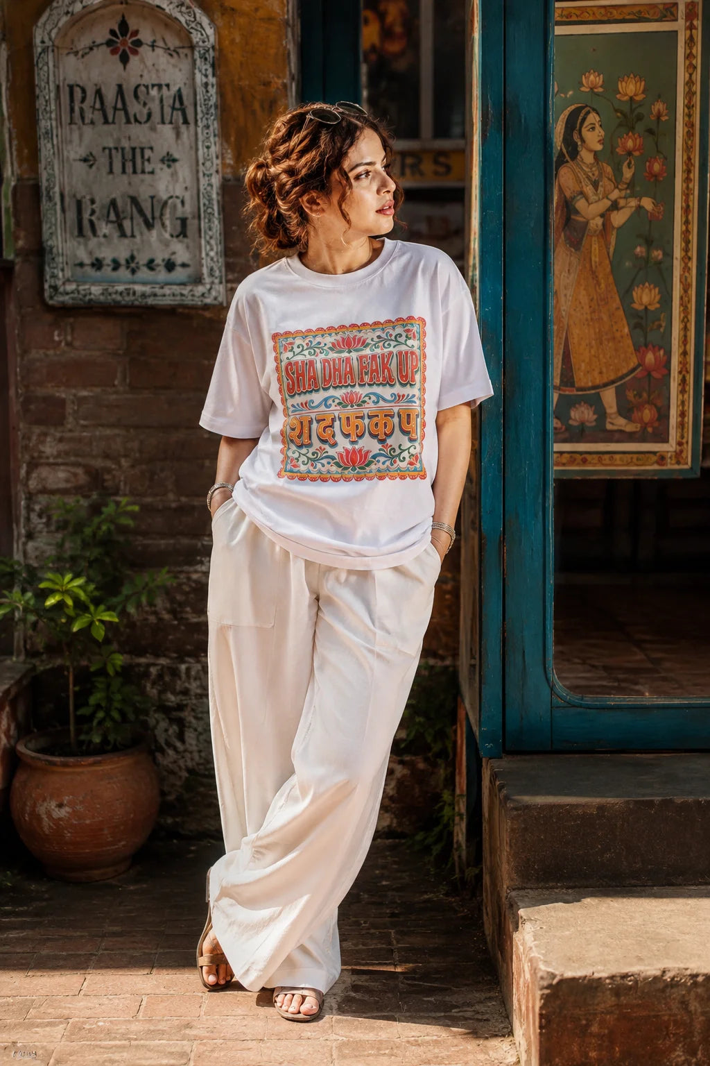 Sha Da Fak Up Unisex Oversized T-Shirt by The Edi Archive, Ctrl+Me Collection, couple wearing white oversized Indian folk art graphic tees