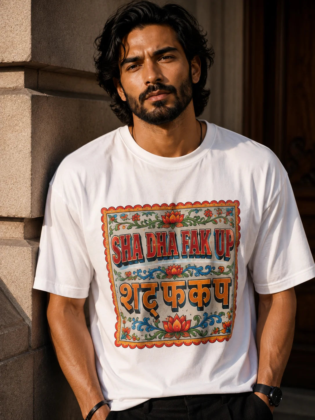 Sha Da Fak Up Unisex Oversized T-Shirt by The Edi Archive, Ctrl+Me Collection, close-up of white oversized graphic tee with Indian folk art design