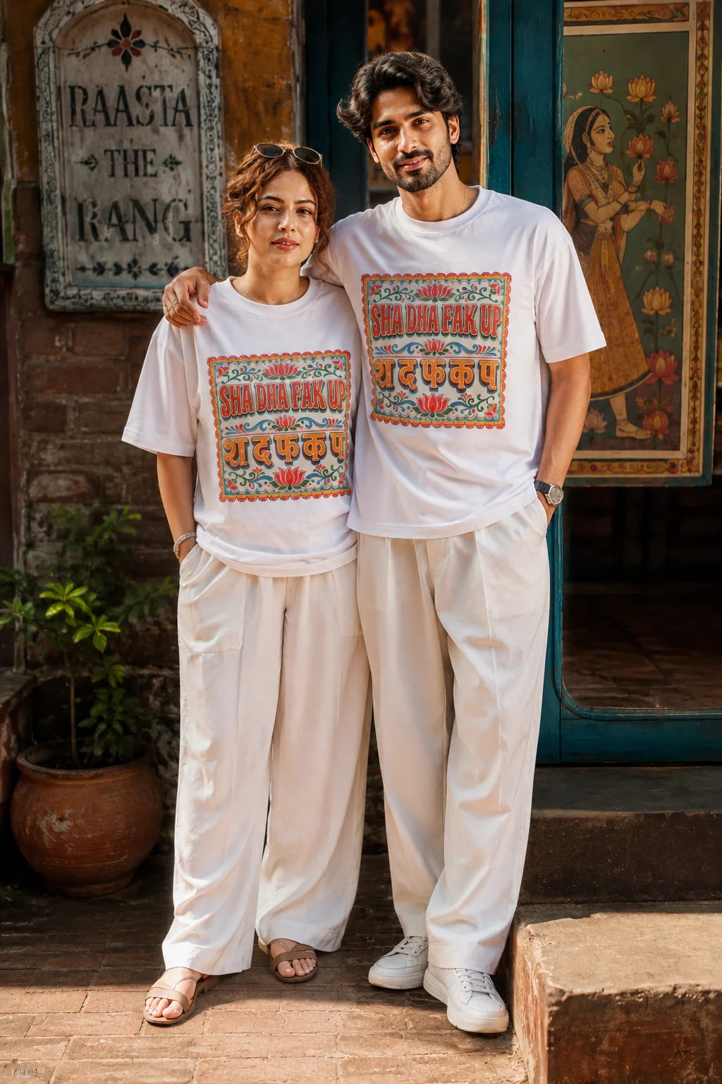 Sha Da Fak Up Unisex Oversized T-Shirt by The Edi Archive, Ctrl+Me Collection, Indian couple wearing matching white graphic streetwear tees