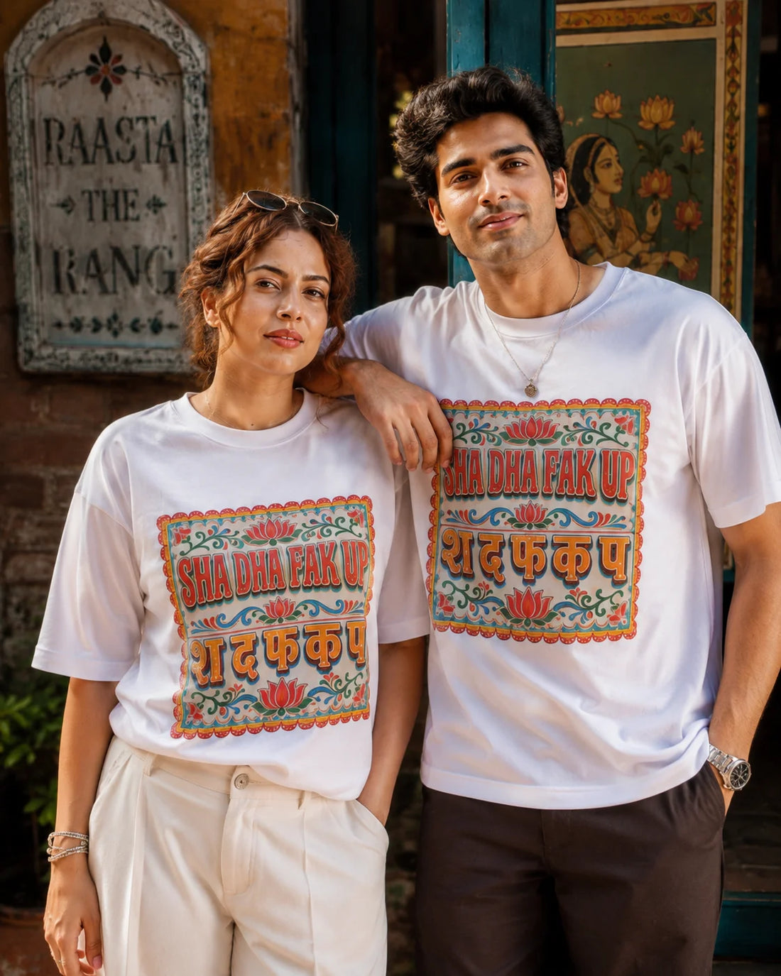 Sha Da Fak Up Unisex Oversized T-Shirt by The Edi Archive, Ctrl+Me Collection, couple wearing white oversized Indian folk art graphic tees