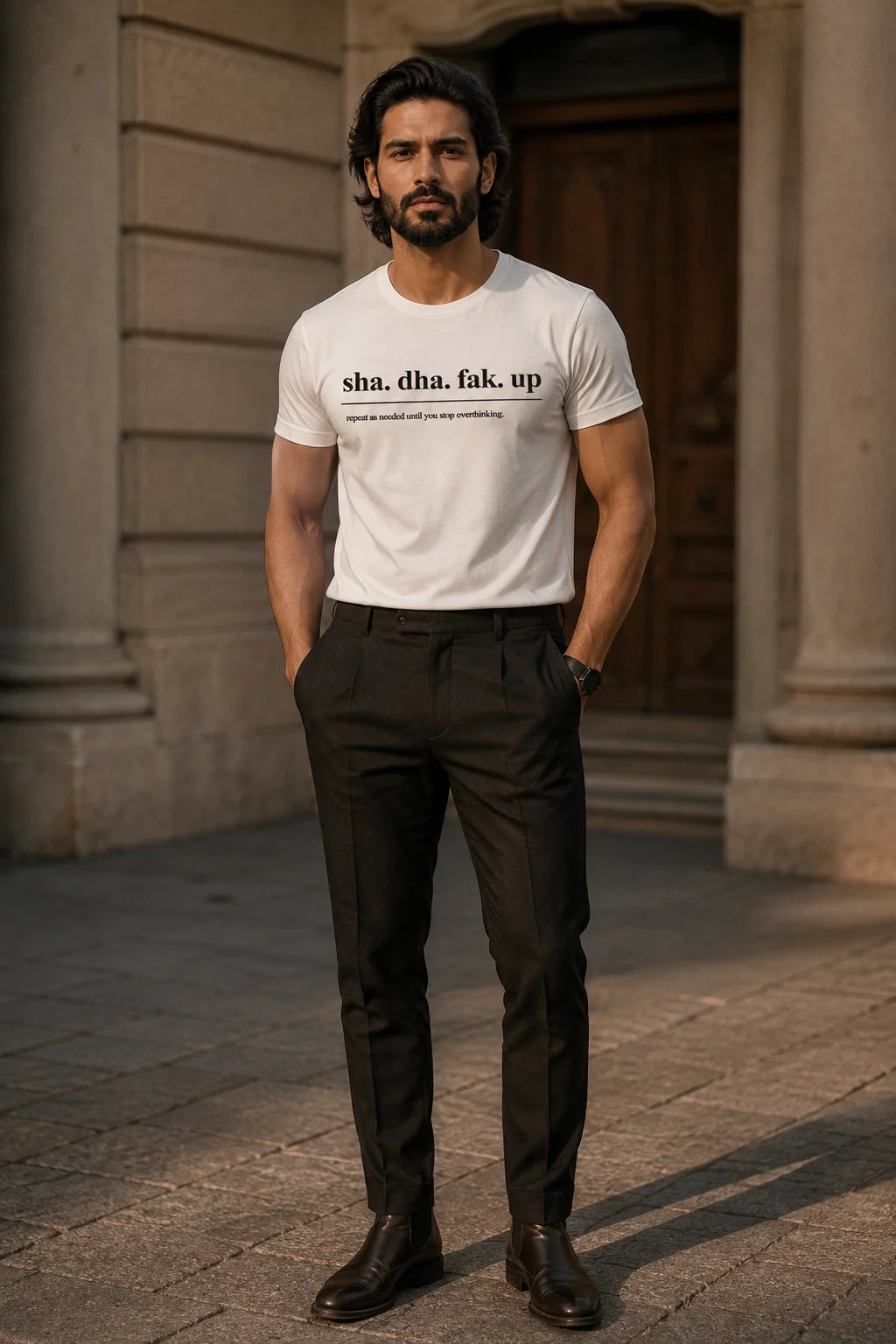 Sha Da Fak Up The Overthinking Men's White Tee by The Edi Archive, Ctrl+Me Collection, close-up of regular-fit 180 GSM Supima cotton T-shirt