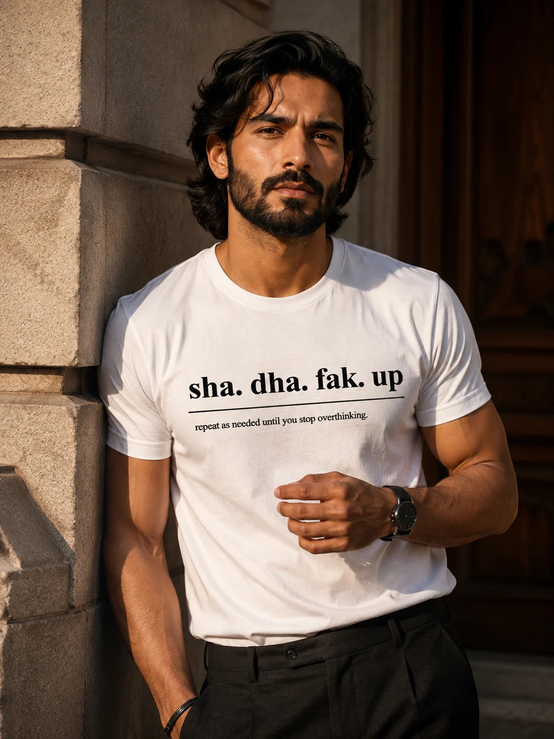 Sha Da Fak Up The Overthinking Men's White Tee by The Edi Archive, Ctrl+Me Collection, close-up of regular-fit 180 GSM Supima cotton T-shirt