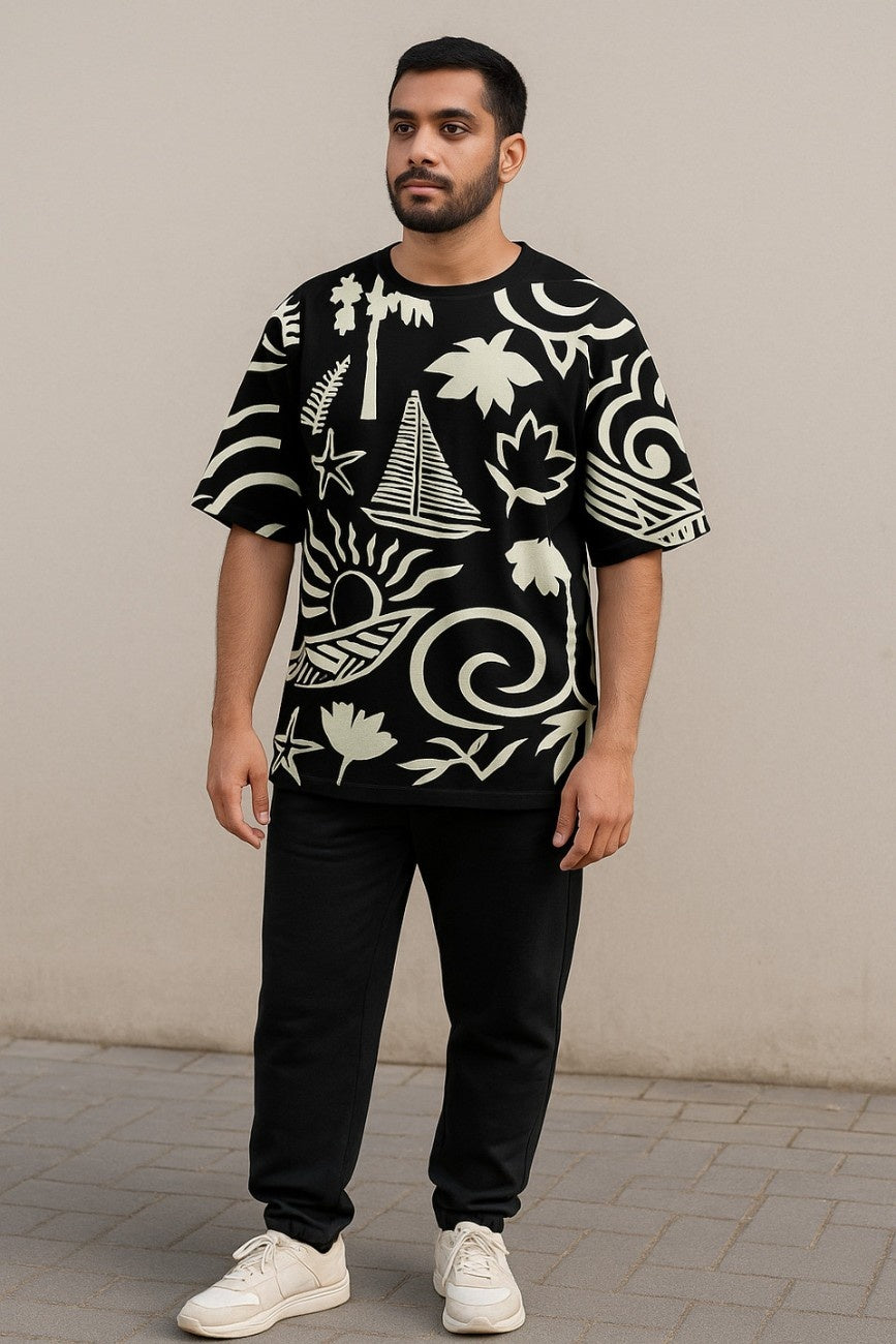 Man wearing a black and white patterned shirt Sail Away from The Edi Archive  with black pants and white shoes against a beige wall.