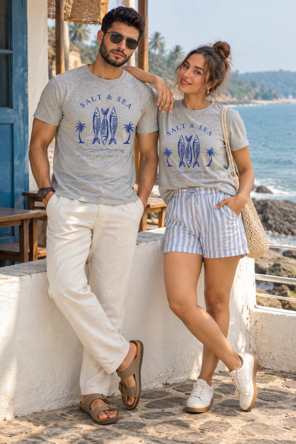 Salt & Sea Unisex T-Shirt by The Edi Archive, Tropical Drops Collection, in grey melange with a blue fish and palm tree graphic, styled on a South Asian couple.