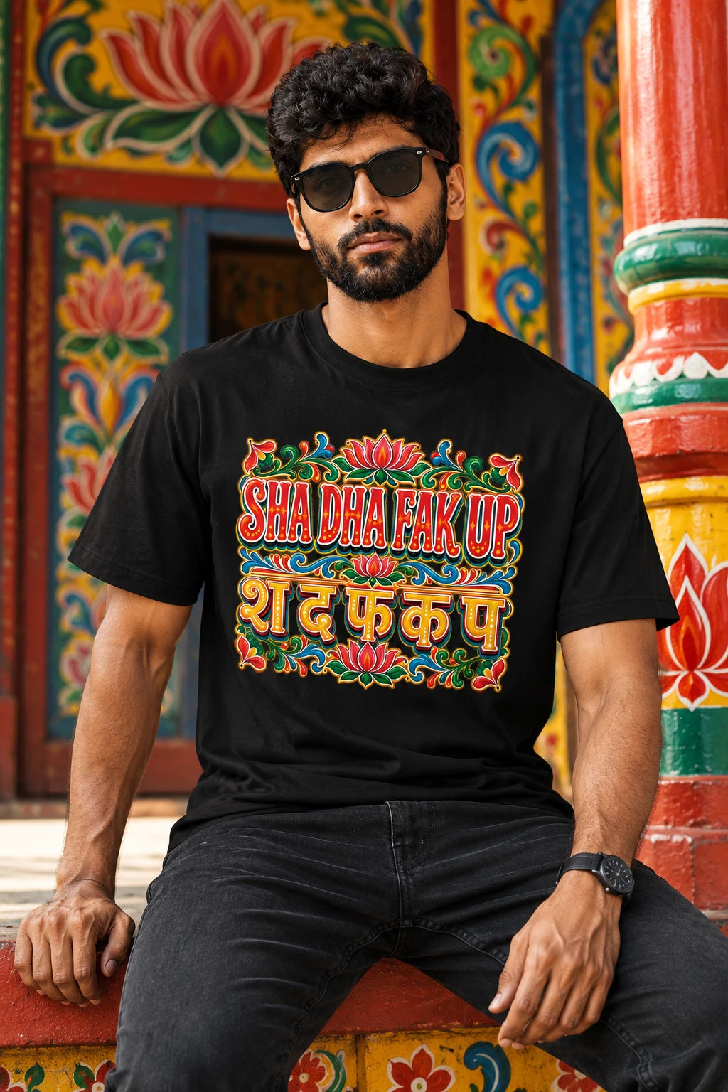 Sha Dha Fak Up Pop Art Men's Black Regular Fit Graphic T-Shirt from The Edi Archive Ctrl+Me Collection, colourful folk-art inspired lettering and floral motifs on black cotton tee.