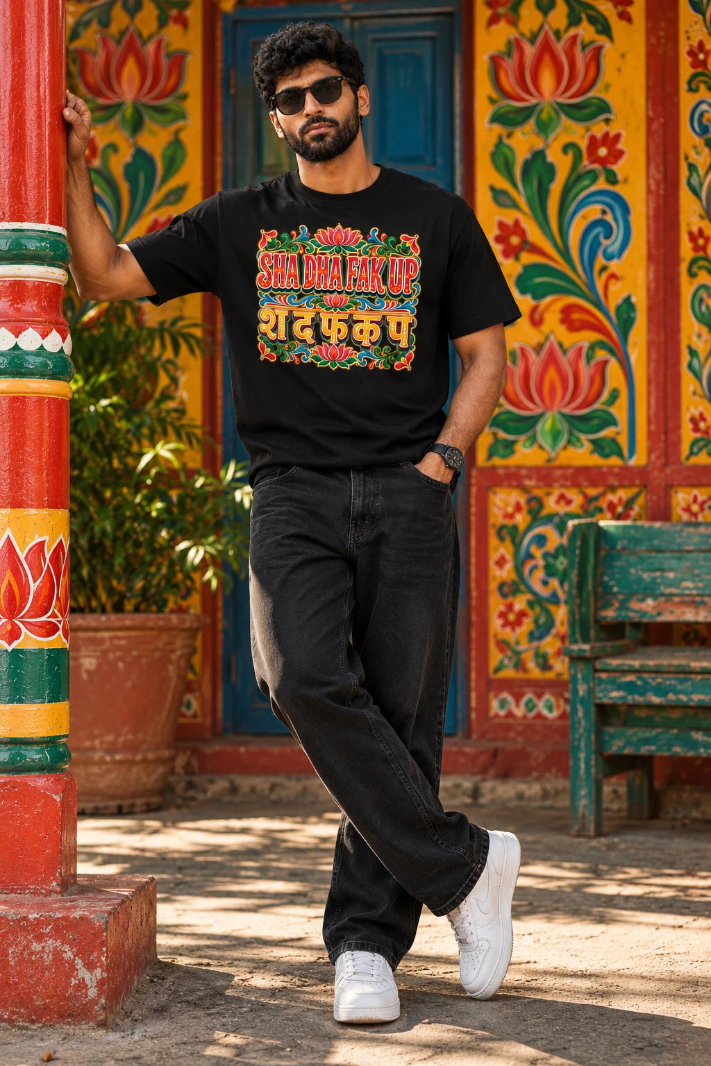 Full-length view of a model wearing the Sha Dha Fak Up Pop Art Men's Black Regular Fit Graphic T-Shirt from The Edi Archive Ctrl+Me Collection, featuring vibrant ornamental folk-art graphics, dark jeans and white sneakers.