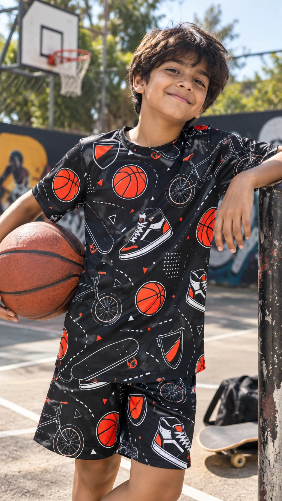 The Edi Archive Skate Sneakers kids T-shirt and sports shorts co-ord set worn by a boy on a basketball court, featuring basketball, skateboard, bicycle and sneaker graphics