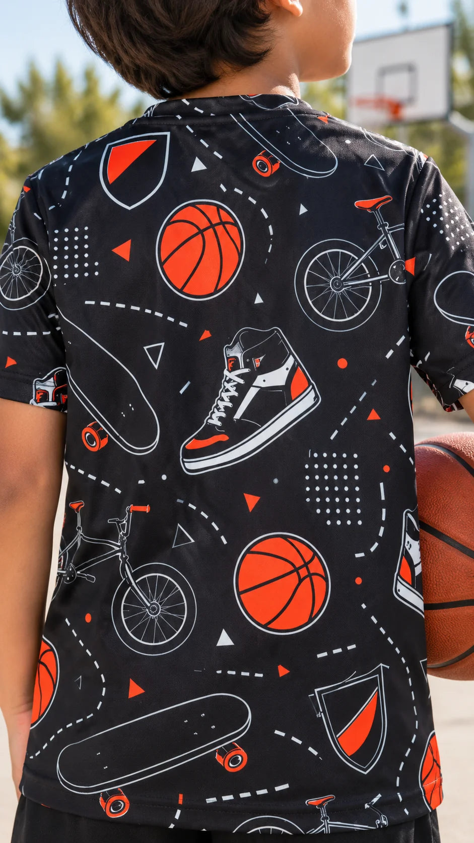 Back view of The Edi Archive Skate Sneakers kids T-shirt showing basketball, bicycle, skateboard, sneaker and sporty graphic details
