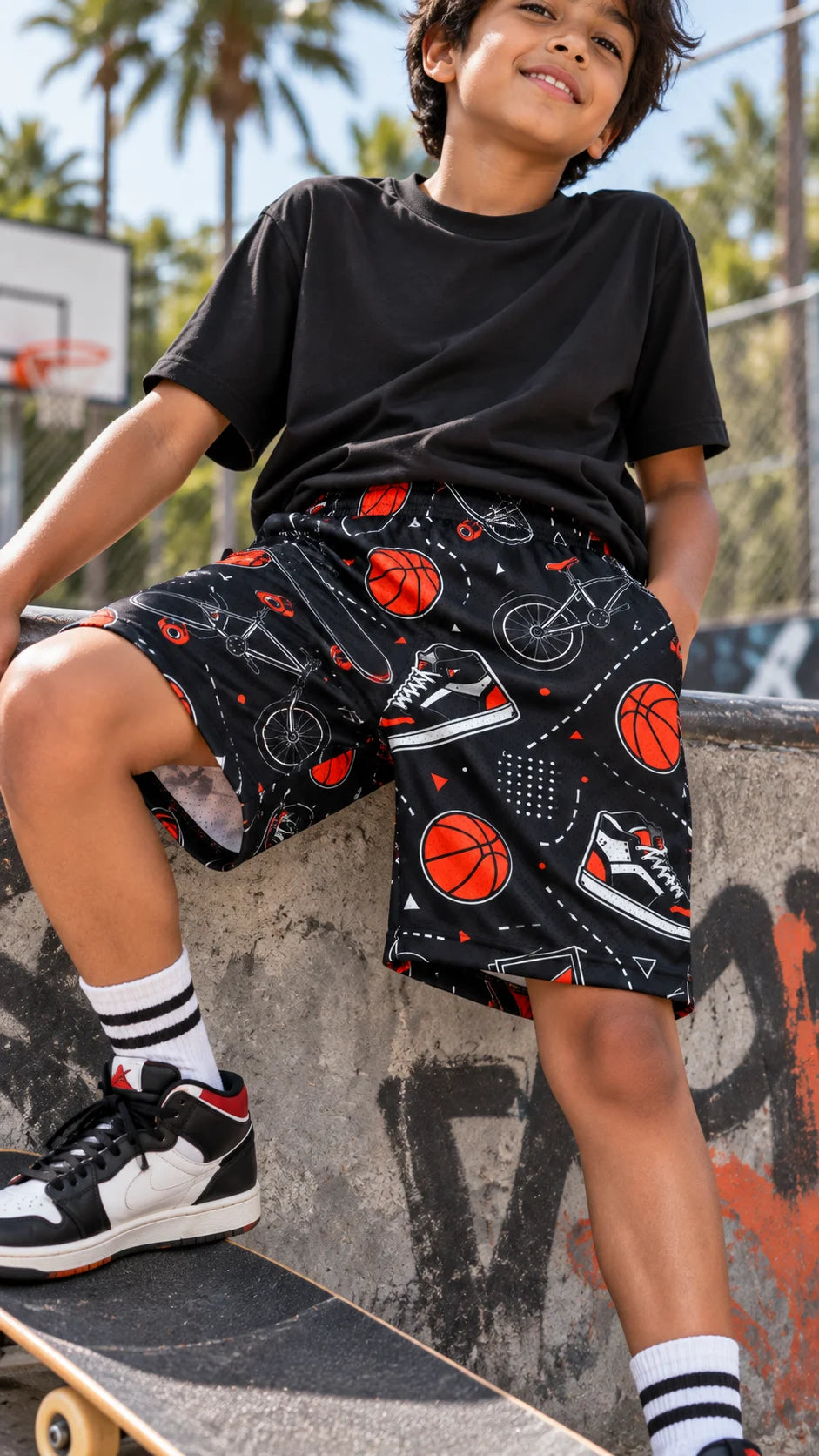 The Edi Archive Skate Sneakers kids sports shorts worn by a child at a skate park, featuring basketball, bicycle, skateboard and sneaker graphics