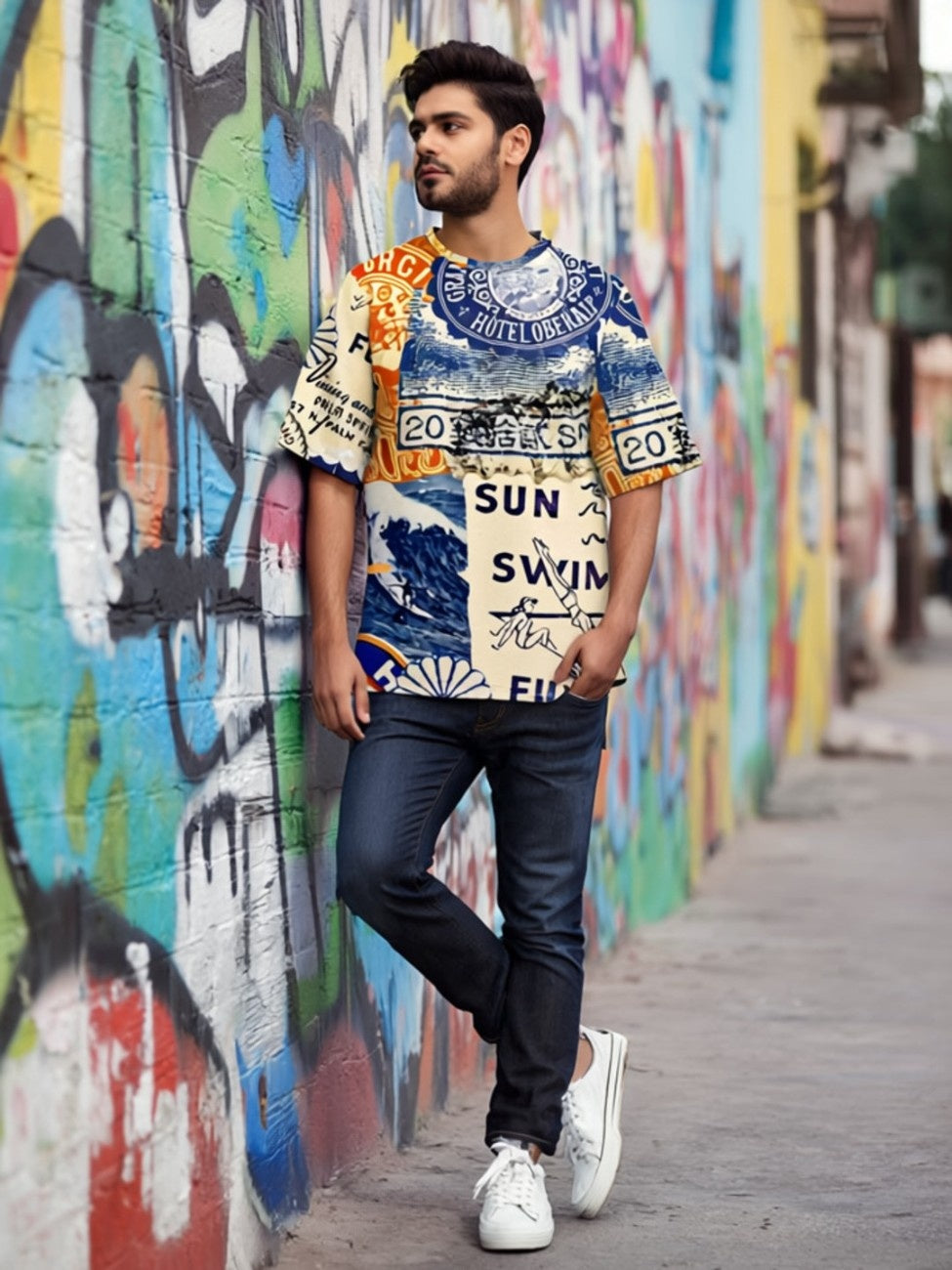 Man wearing a colorful patterned oversized t-shirt, Sun Swim Sea from The Edi Archive, standing in front of a graffiti wall.
